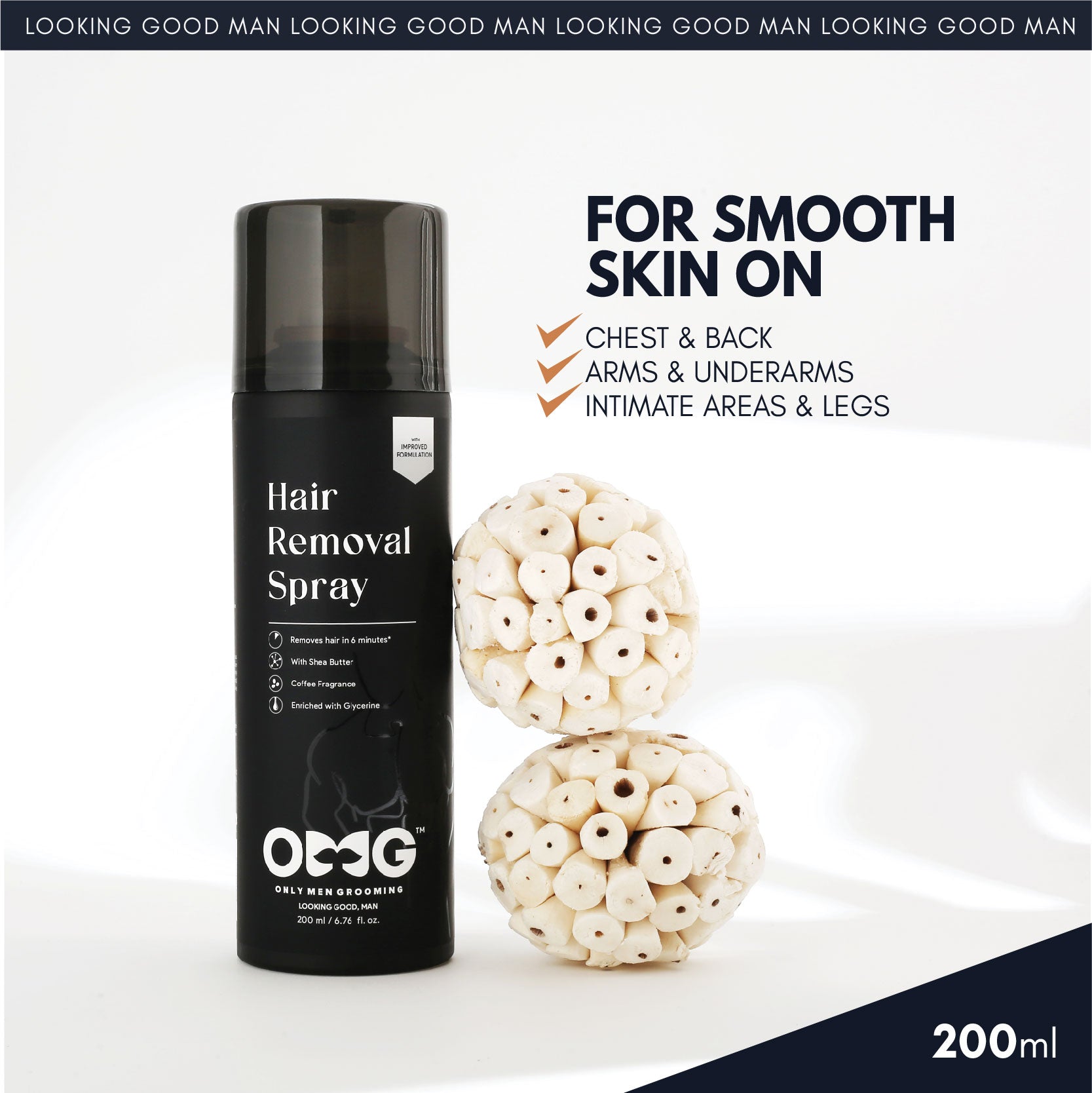 OMG Hair Removal Spray for Men Buy 1 Get 1 Free | Painless Body Hair Removal Spray for Chest Back Hands Legs and Intimate Areas | with Coffee Fragrance Shea Butter and Glycerine | Works in less than 10 Minutes| 200ml x 2