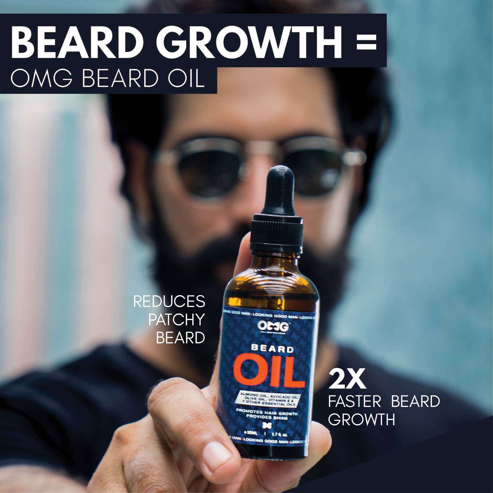 OMG BEARD GROWTH OIL 50ML | PROMOTES BEARD HAIR GROWTH AND GIVES SHINE | ENRICHED WITH VITAMIN E AND 100% NATURAL INGREDIENTS | CONTAINS ALMOND OIL, AVOCADO OIL, OLIVE OIL