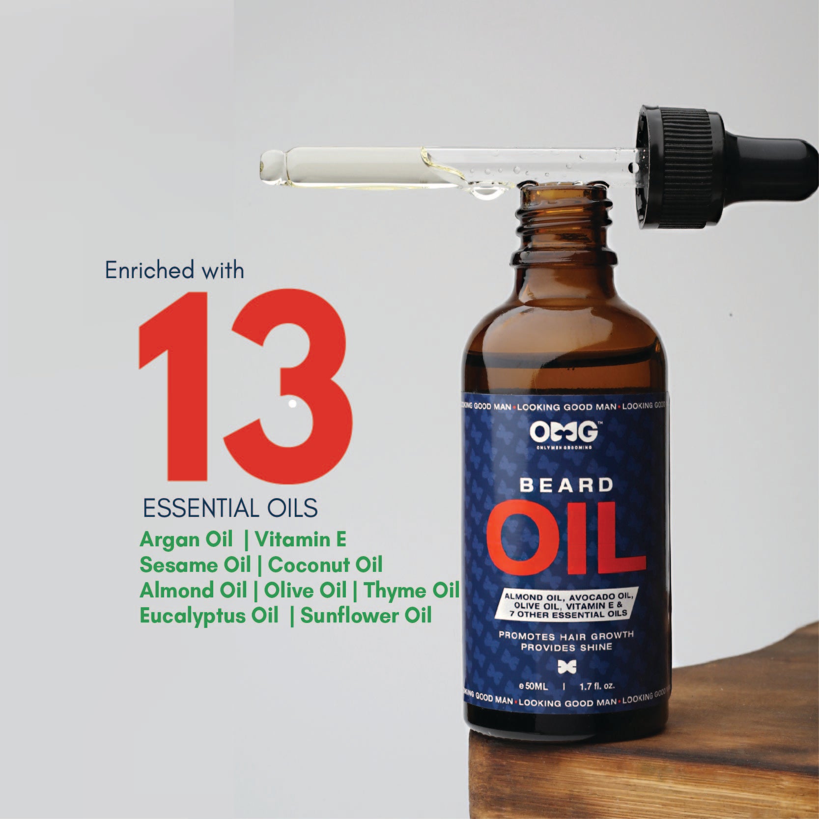 OMG BEARD GROWTH OIL 50ML | PROMOTES BEARD HAIR GROWTH AND GIVES SHINE | ENRICHED WITH VITAMIN E AND 100% NATURAL INGREDIENTS | CONTAINS ALMOND OIL, AVOCADO OIL, OLIVE OIL