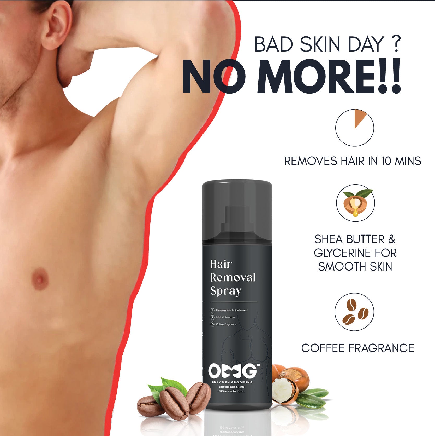 OMG Buy 1 Get 1 Free Hair Removal Spray for Men with Coffee Shea Butter & Glycerine Spray (400 ml)