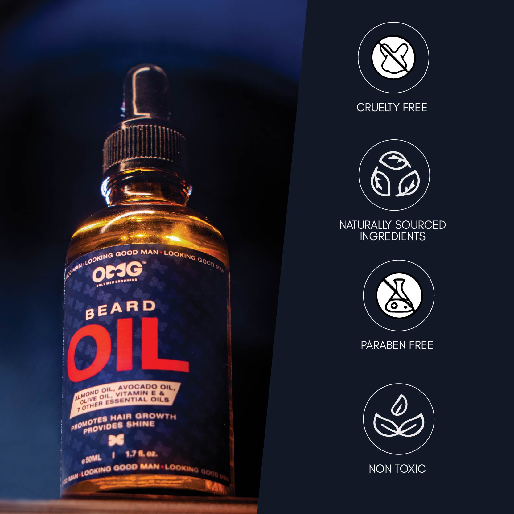 OMG BEARD GROWTH OIL 50ML | PROMOTES BEARD HAIR GROWTH AND GIVES SHINE | ENRICHED WITH VITAMIN E AND 100% NATURAL INGREDIENTS | CONTAINS ALMOND OIL, AVOCADO OIL, OLIVE OIL