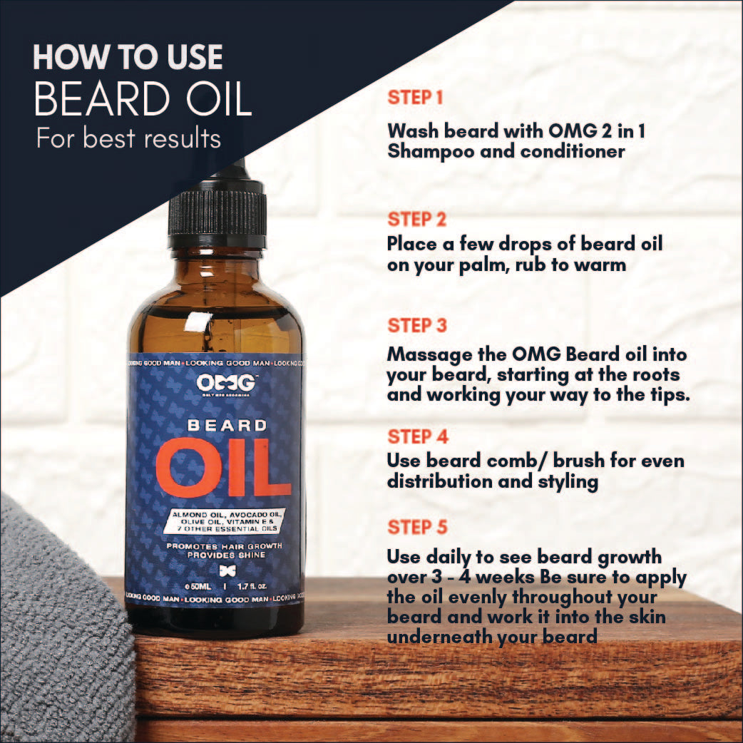 OMG BEARD GROWTH OIL 50ML | PROMOTES BEARD HAIR GROWTH AND GIVES SHINE | ENRICHED WITH VITAMIN E AND 100% NATURAL INGREDIENTS | CONTAINS ALMOND OIL, AVOCADO OIL, OLIVE OIL