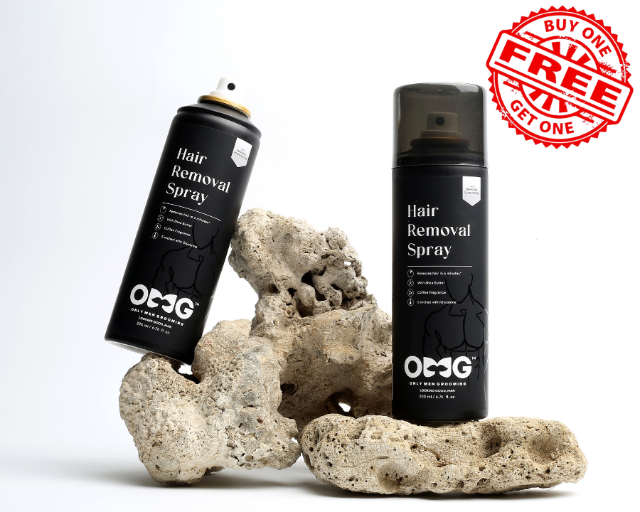 OMG Hair Removal Spray for Men Buy 1 Get 1 Free | Painless Body Hair Removal Spray for Chest Back Hands Legs and Intimate Areas | with Coffee Fragrance Shea Butter and Glycerine | Works in less than 10 Minutes| 200ml x 2