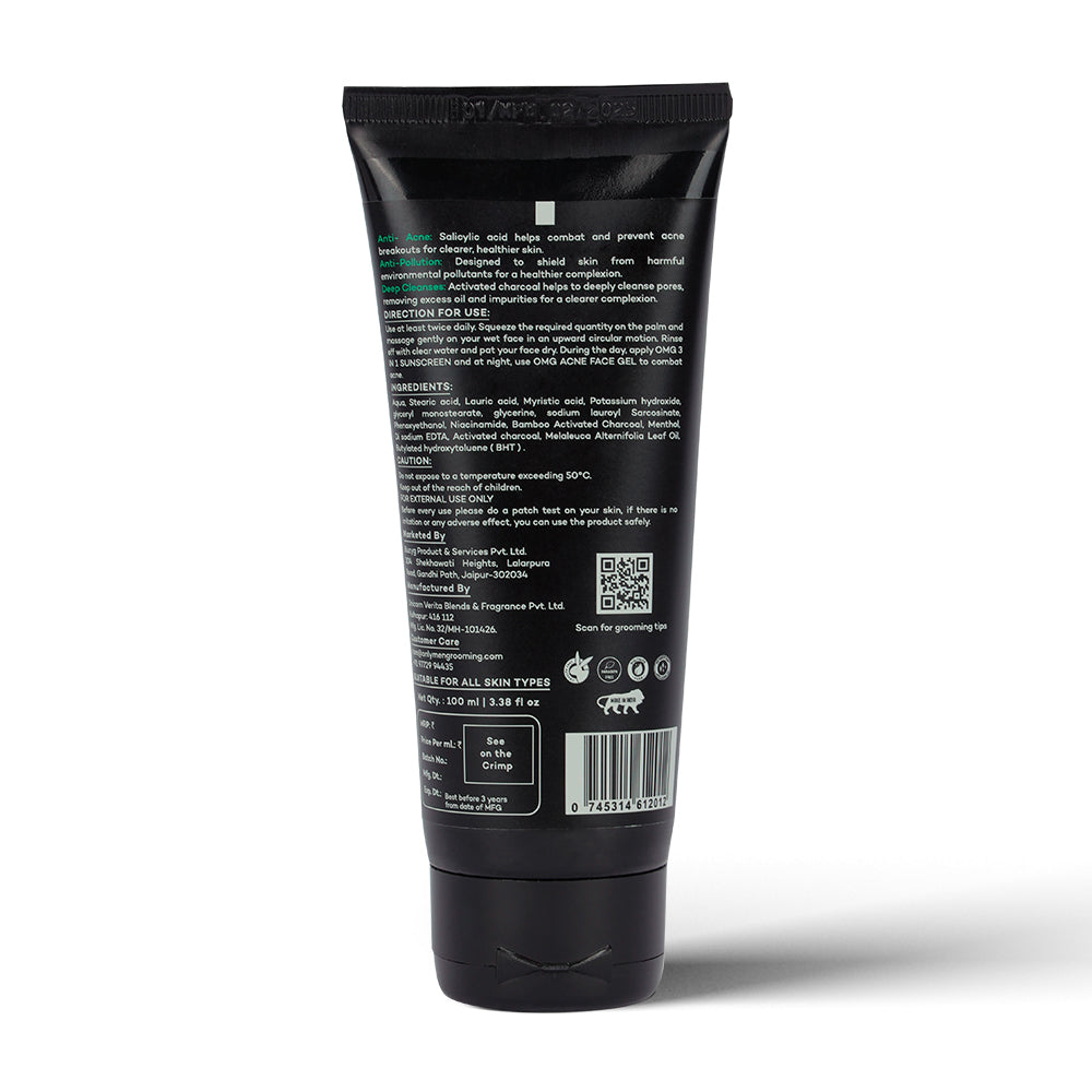 OMG 3-in-1 Detox Salicylic Acid Face Wash with Activated Charcoal, Tea Tree Oil, Niacinamide & Hyaluronic Acid 100ml | Deep Cleansing, Oil Control, & Pollution Protection | Sulfate-Free, Paraben-Free, pH Balanced | All Skin Types