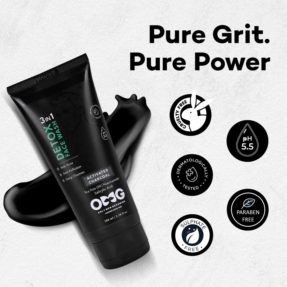 OMG Salicylic 3 in 1 Detox Face Wash | Activated Charcoal for Acne & Breakouts | Deep Cleansing, Oil Control & Pollution Protection | Sulfate-Free & Paraben-Free | pH Balanced | All Skin Types