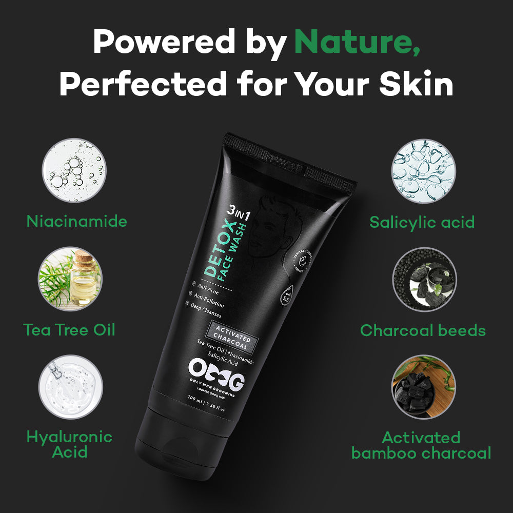 OMG Salicylic 3 in 1 Detox Face Wash | Activated Charcoal for Acne & Breakouts | Deep Cleansing, Oil Control & Pollution Protection | Sulfate-Free & Paraben-Free | pH Balanced | All Skin Types