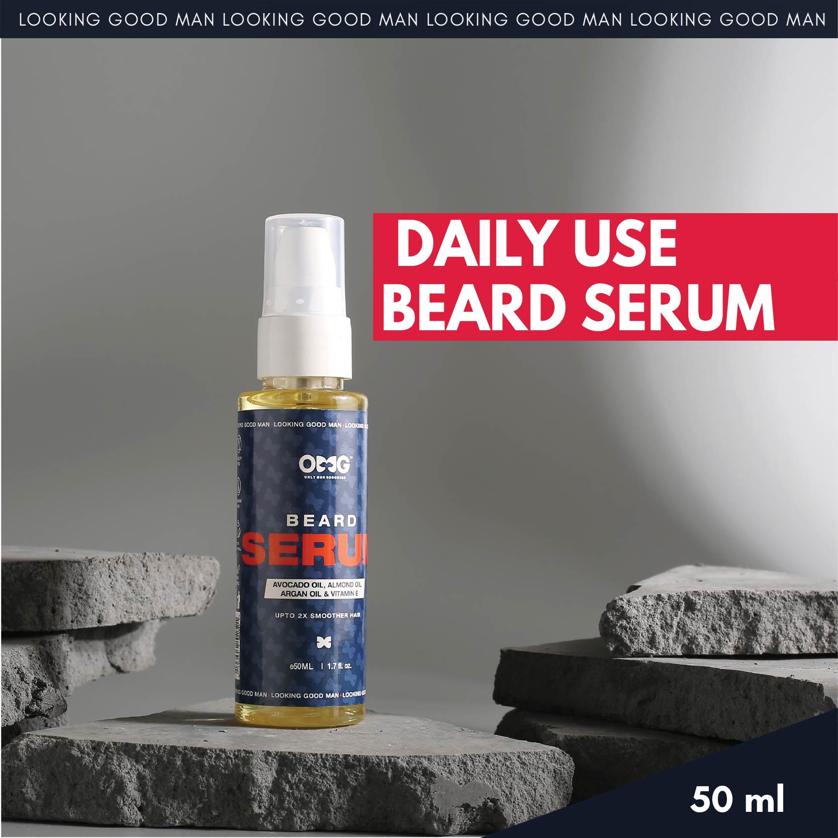 OMG BEARD SERUM 50ML | UPTO 2X SMOOTHER HAIR | ENRICHED WITH VITAMIN E | FOR BEARD HAIR GROWTH | REDUCES DANDRUFF | 100% NATURAL INGREDIENTS