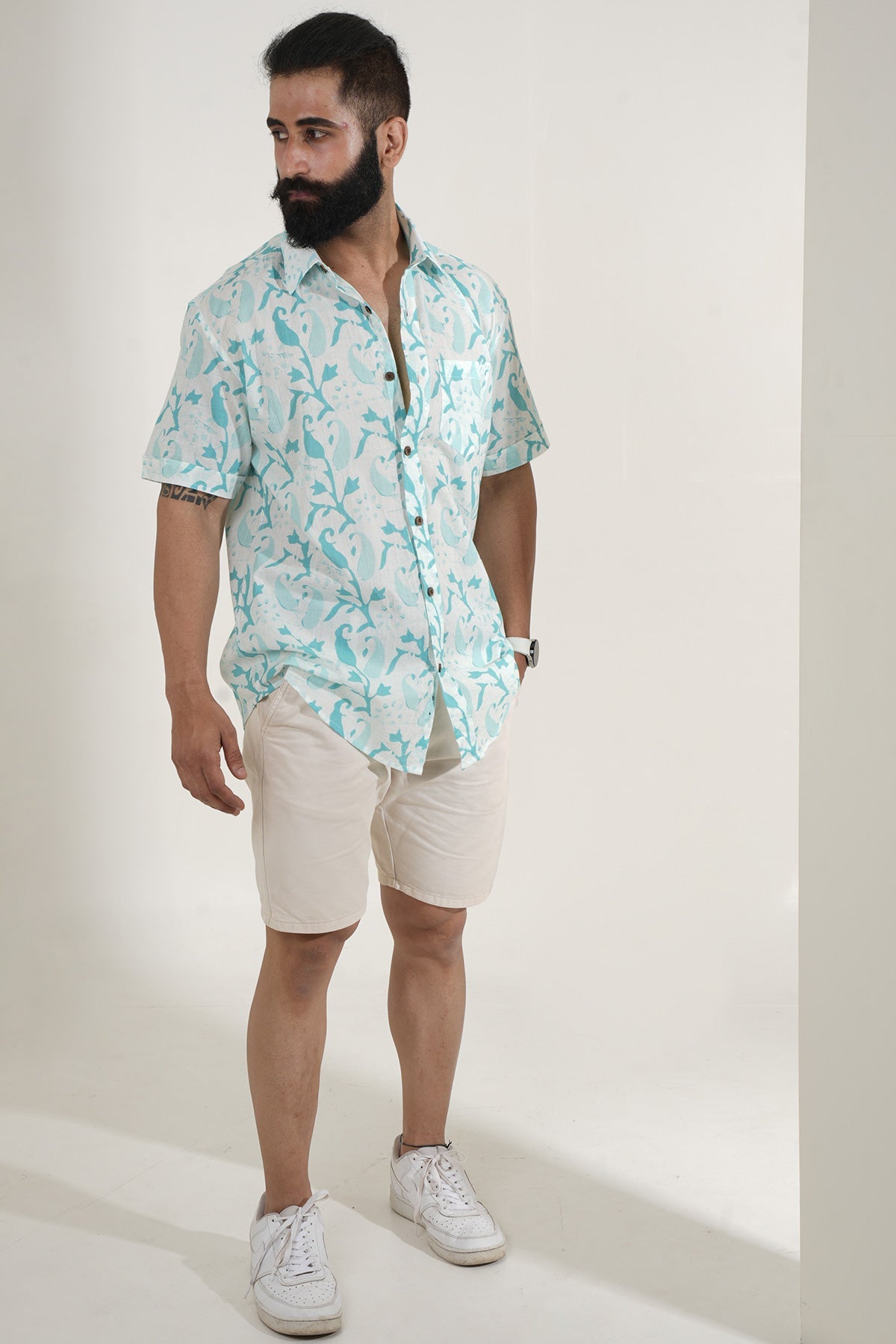 White Shirt with Sky Blue Paisley Print, Half Sleeves Cotton | Style Matters