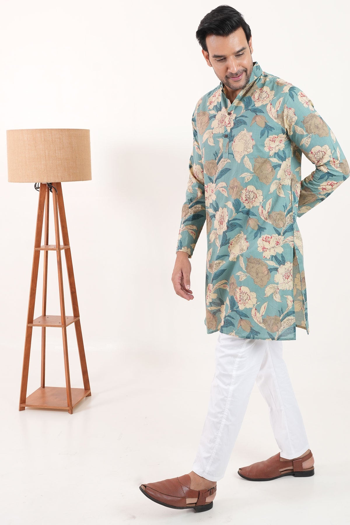 French Blue Big Floral Print Full Sleeves Cotton Long Kurta | Style Matters