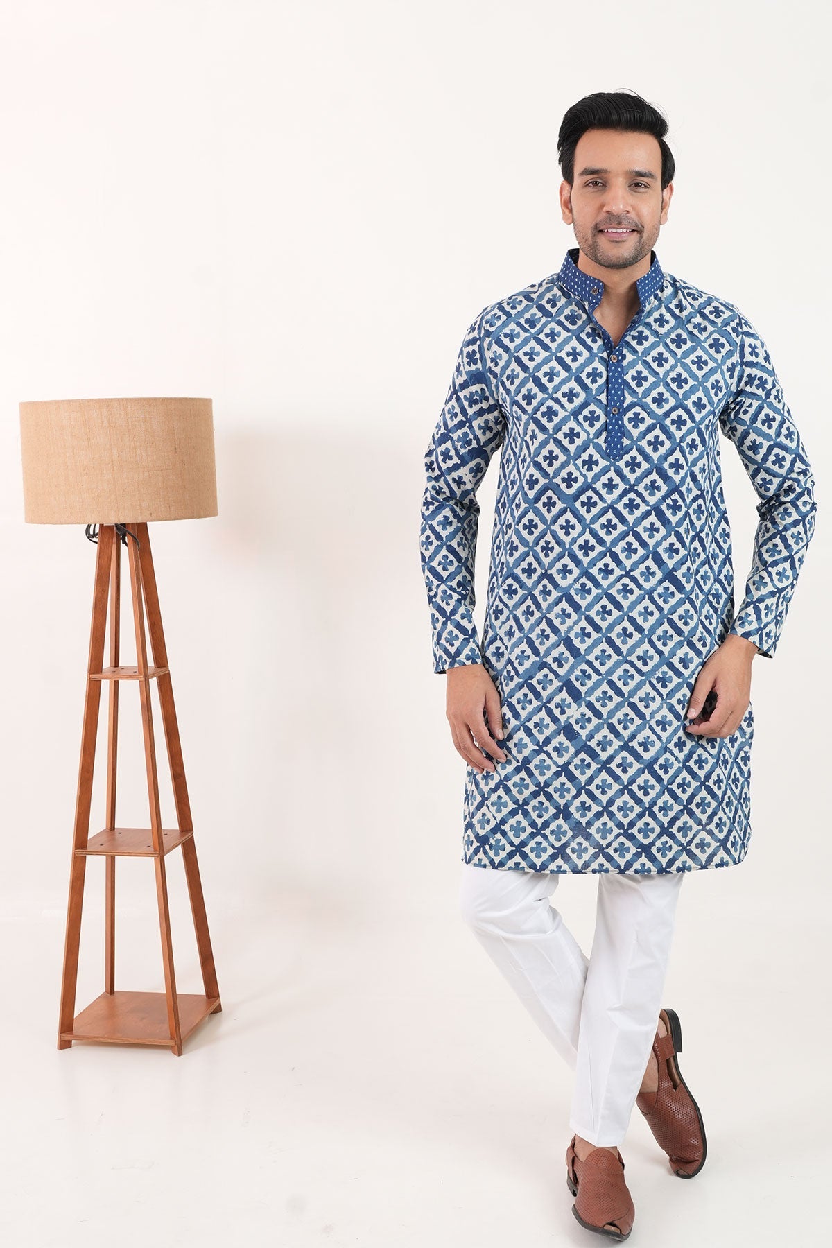 Blue White Flowers Hand Block Print Cotton Kurta | Style Matters