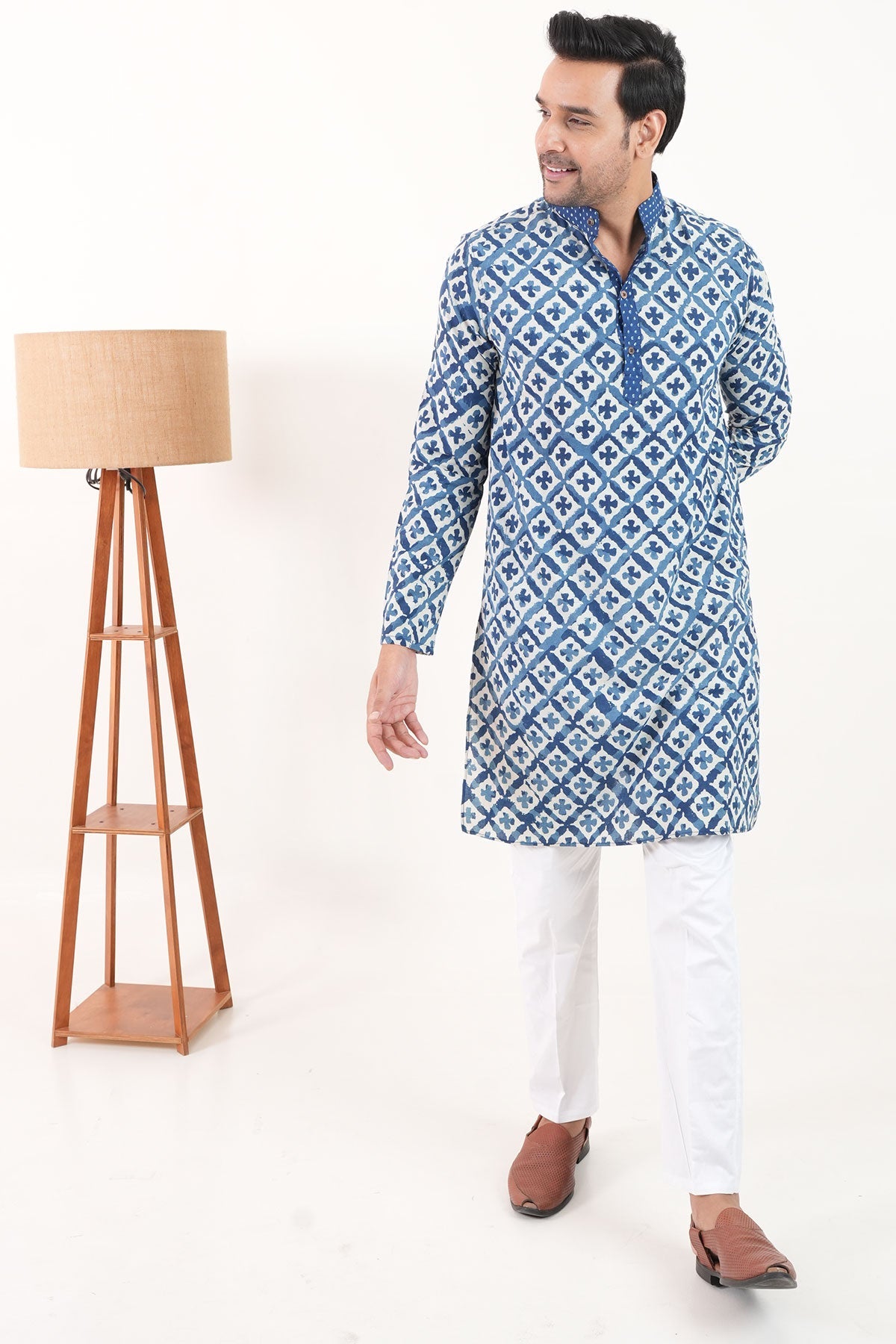 Blue White Flowers Hand Block Print Cotton Kurta | Style Matters