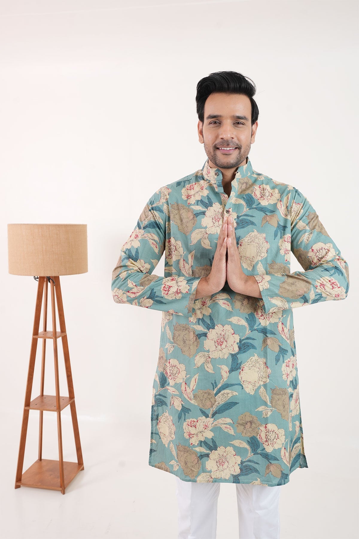 French Blue Big Floral Print Full Sleeves Cotton Long Kurta | Style Matters