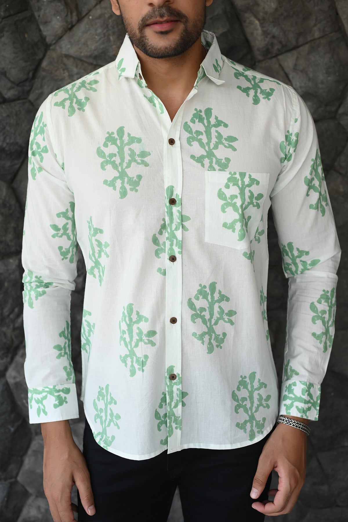 White Shirt with Green Motif Print, Full Sleeves Cotton | Style Matters