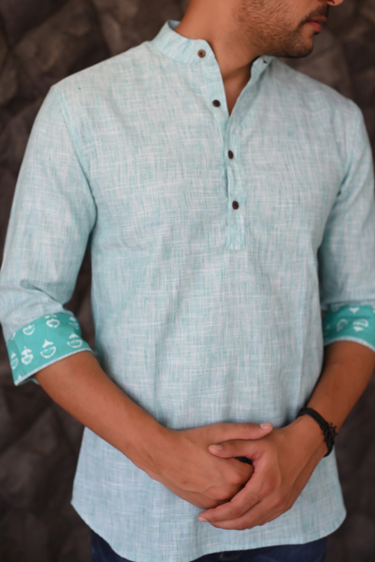 Plain Green Short Kurta with 3/4th Sleeves and Contrast Cuffs | Style Matters