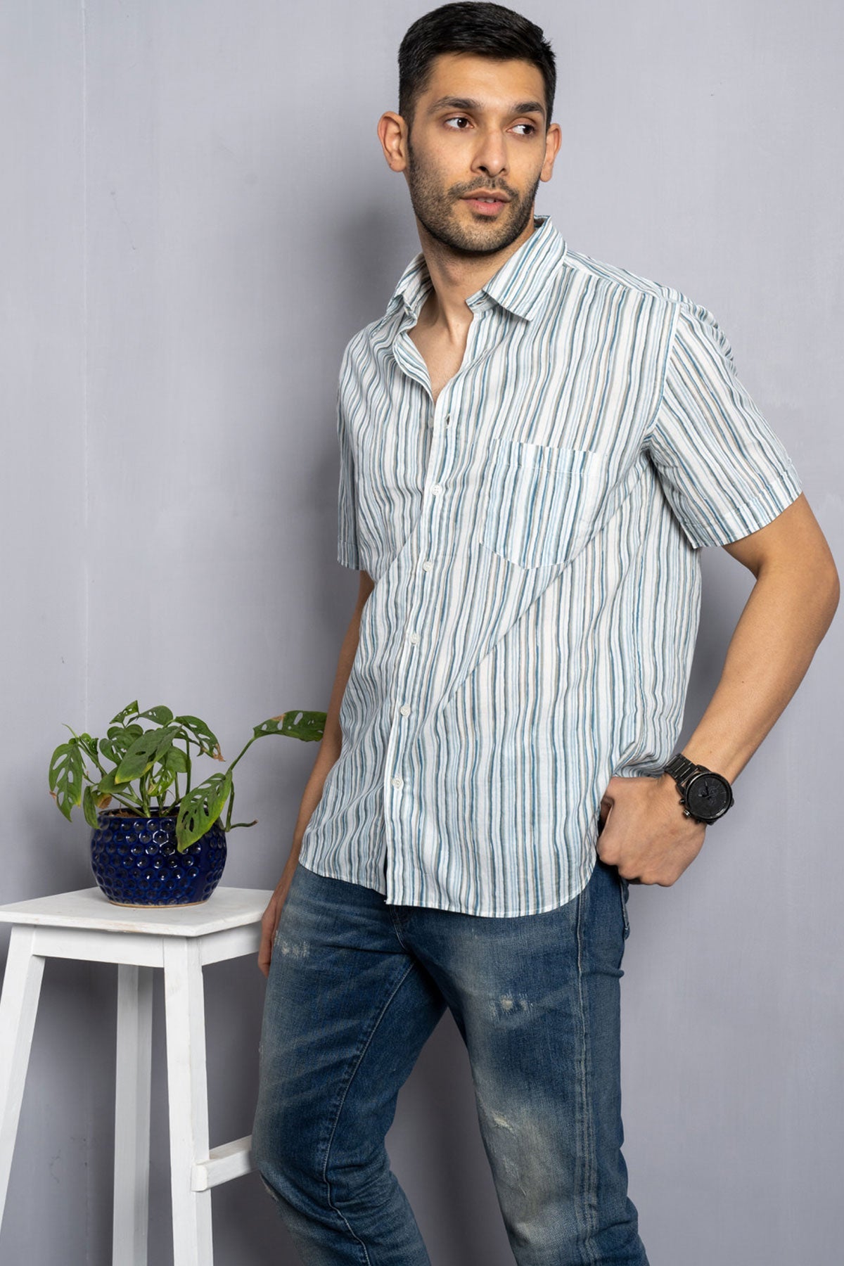 White Shirt with Blue Lines Print, Half Sleeves Cotton | Style Matters