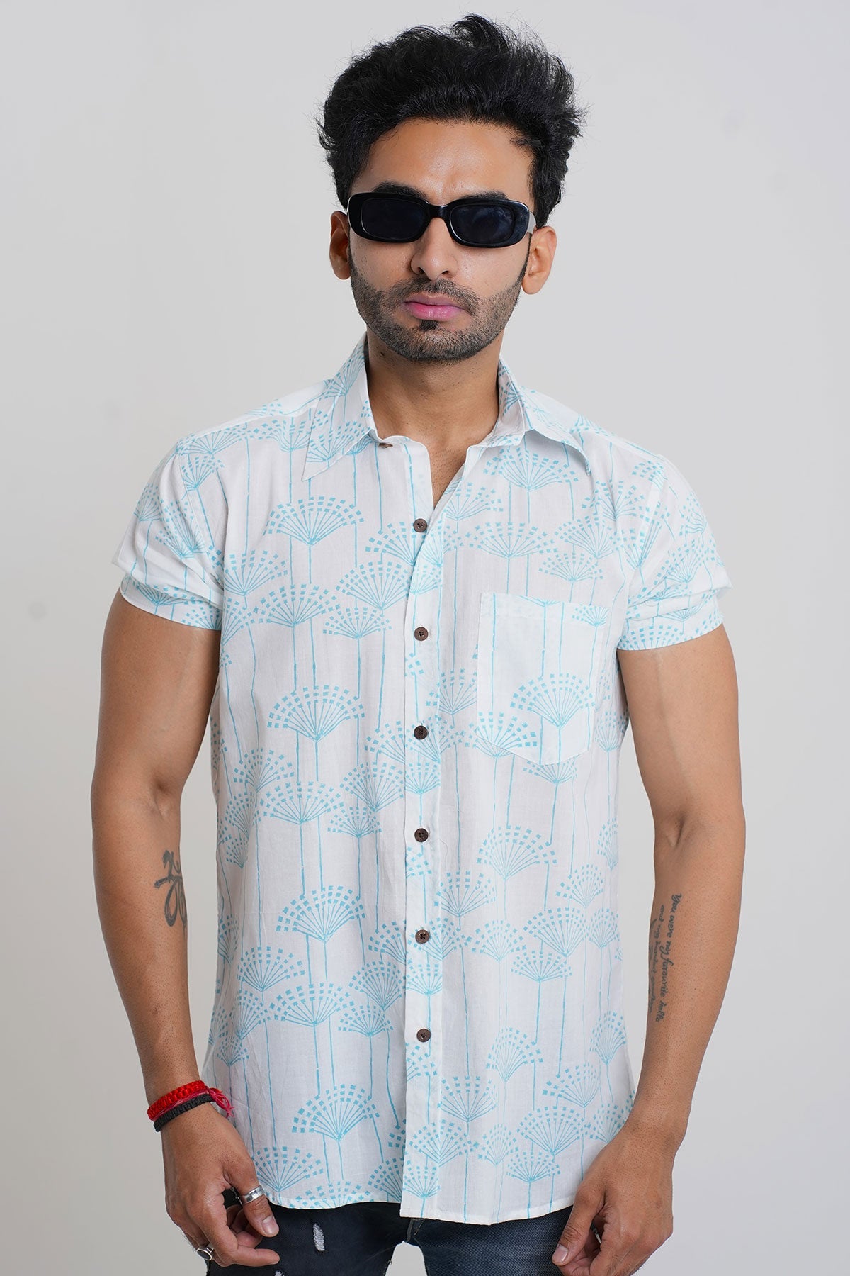 White Shirt with Sky Blue Flower Print, Half Sleeves Cotton | Style Matters