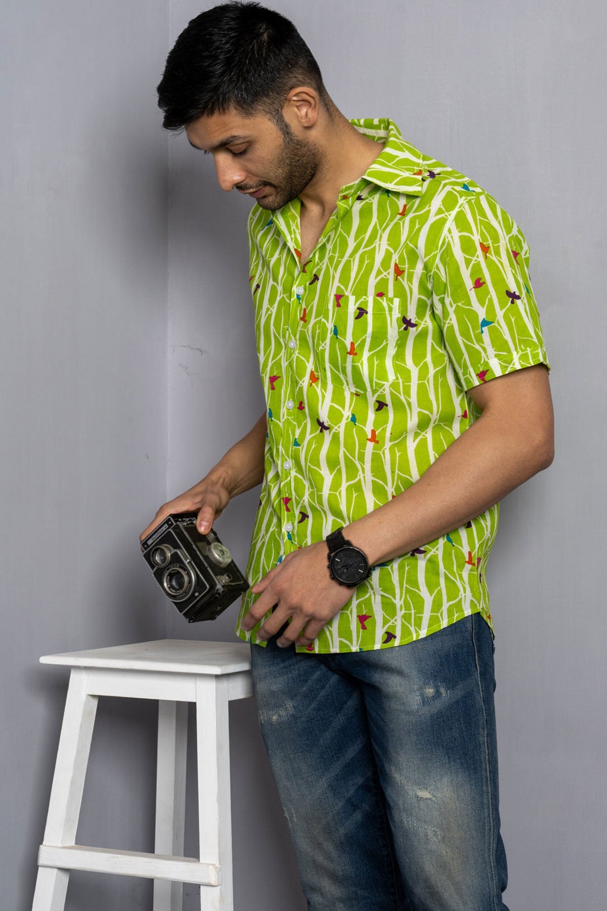 Light green Bird print cotton shirt half sleeves