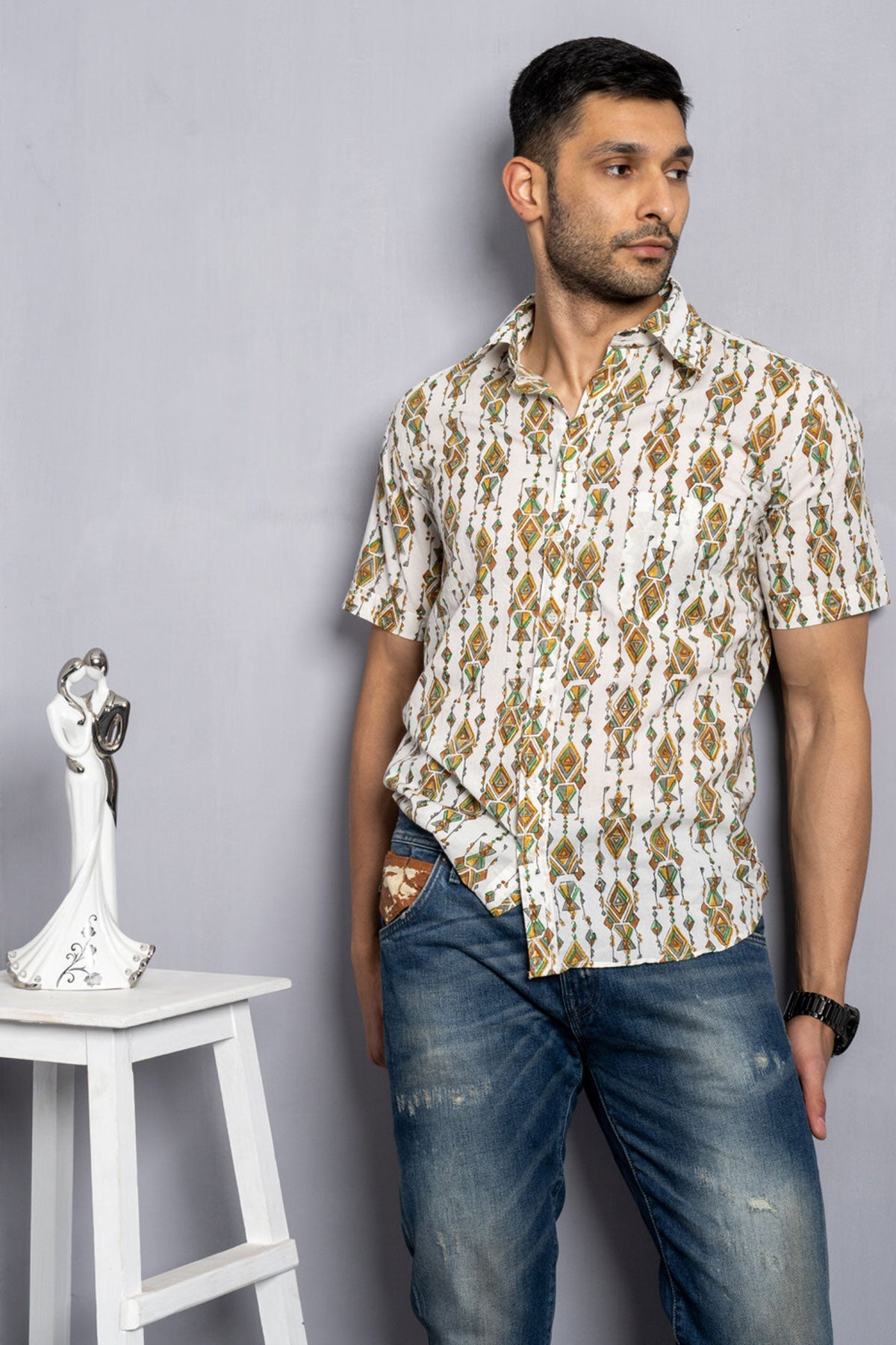 Off White Gujarati Kandeel Print Handblock Cotton Shirt | Style Matters