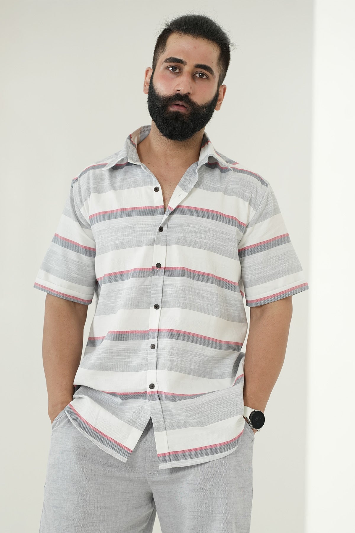 White Shirt with Striped Print, Half Sleeves Cotton | Style Matters