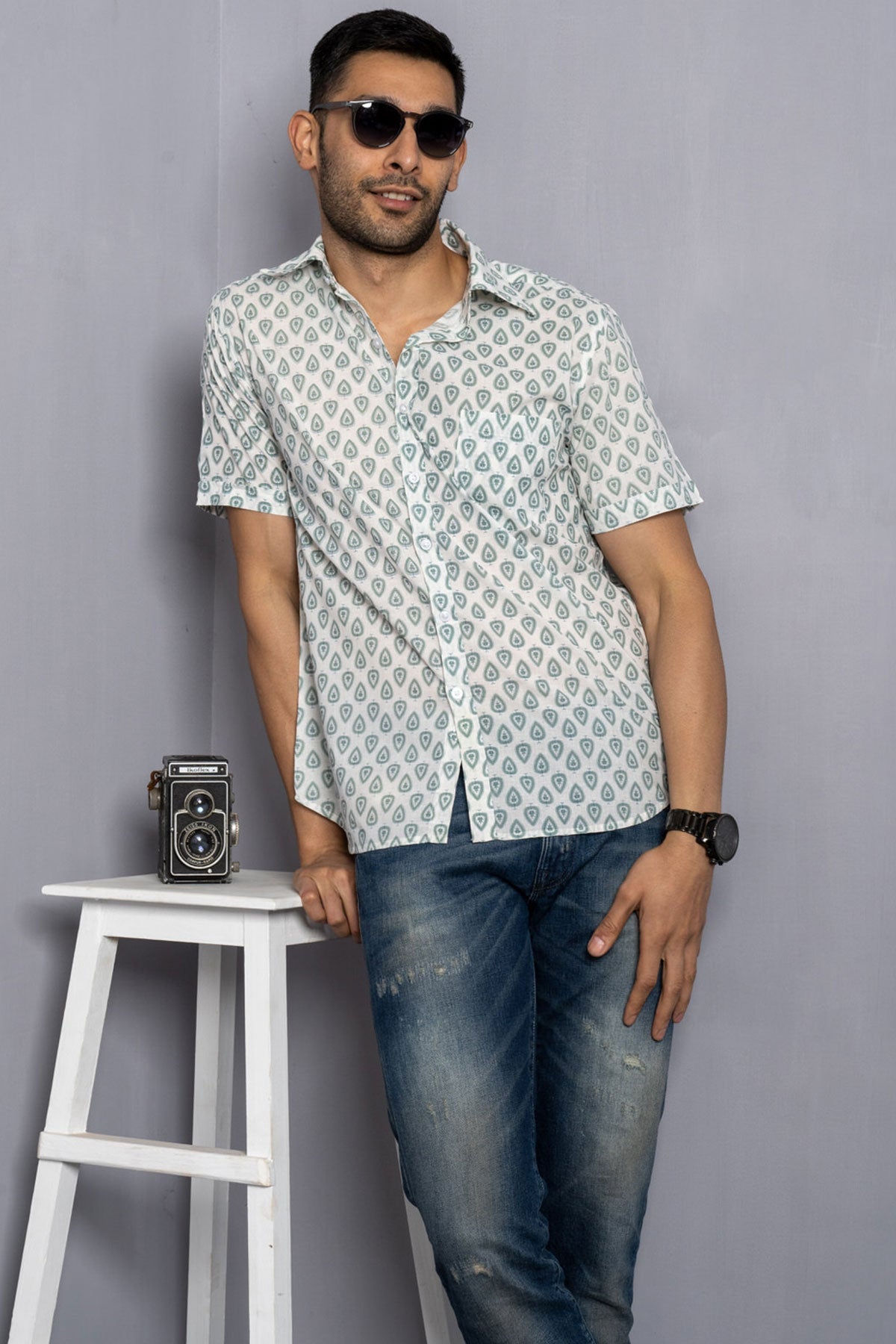 Off-White Soothing Spade Print Cotton Shirt, Half Sleeves | Style Matters