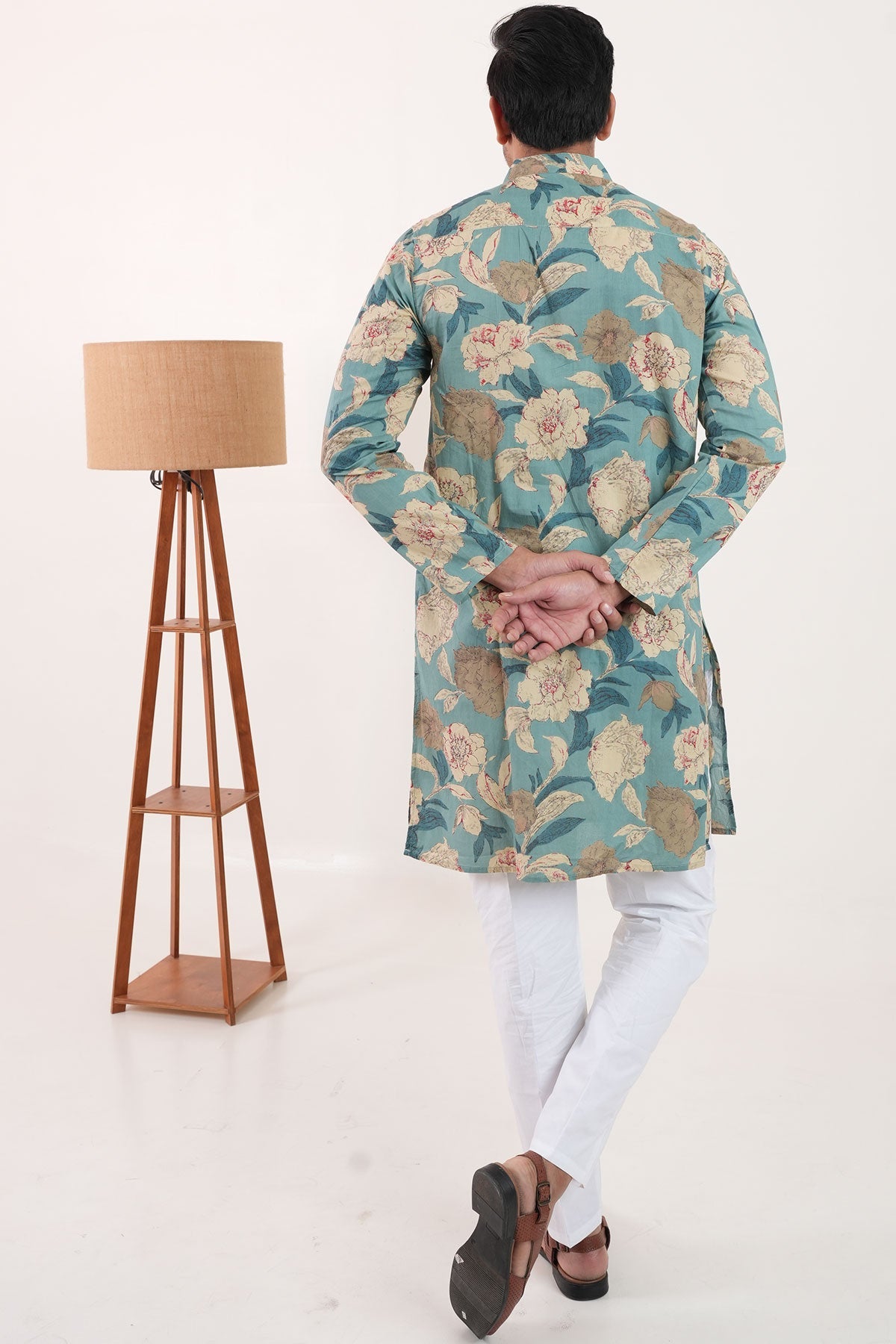 French Blue Big Floral Print Full Sleeves Cotton Long Kurta | Style Matters