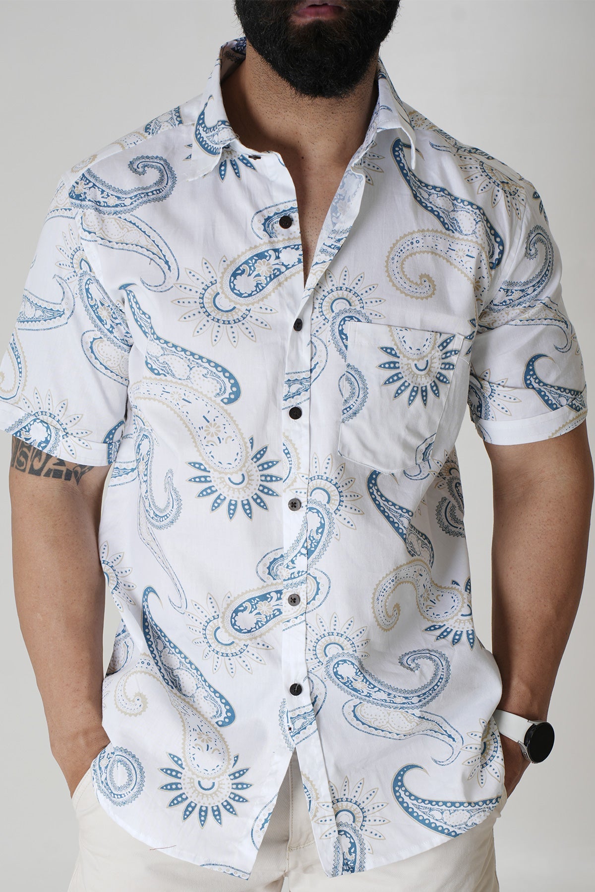 White Shirt with Paisley Print, Half Sleeves Cotton | Style Matters