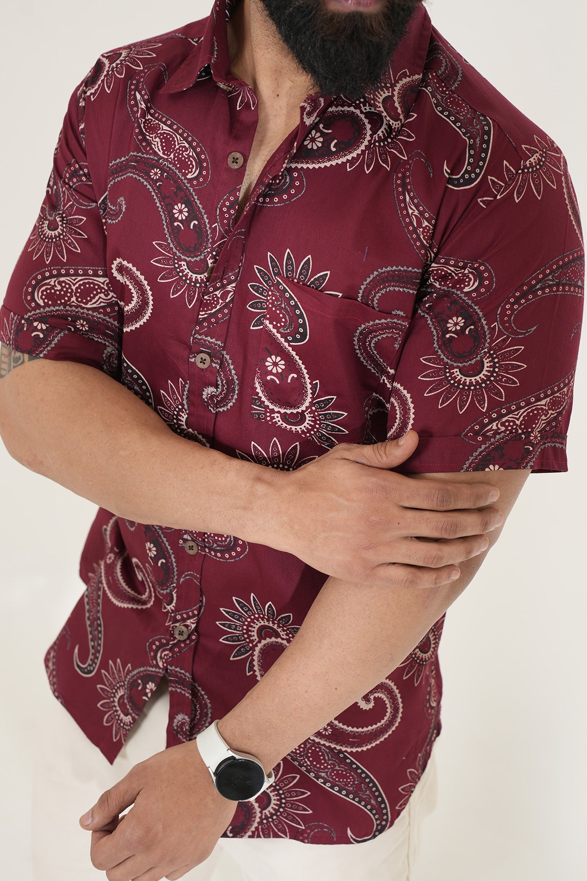 Maroon Shirt with Paisley Print, Half Sleeves | Style Matters