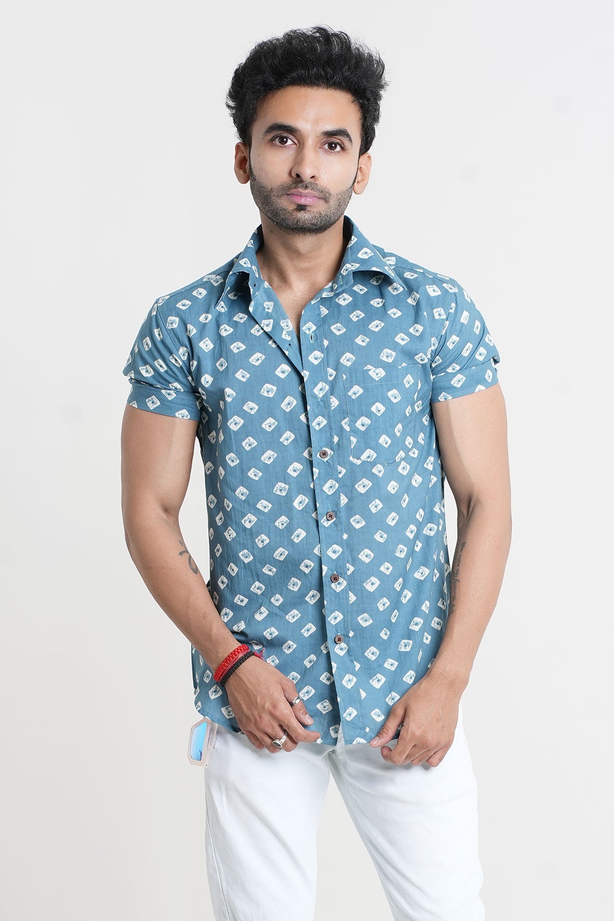 Grey Shirt with Bandhej Print, Half Sleeves | Style Matters