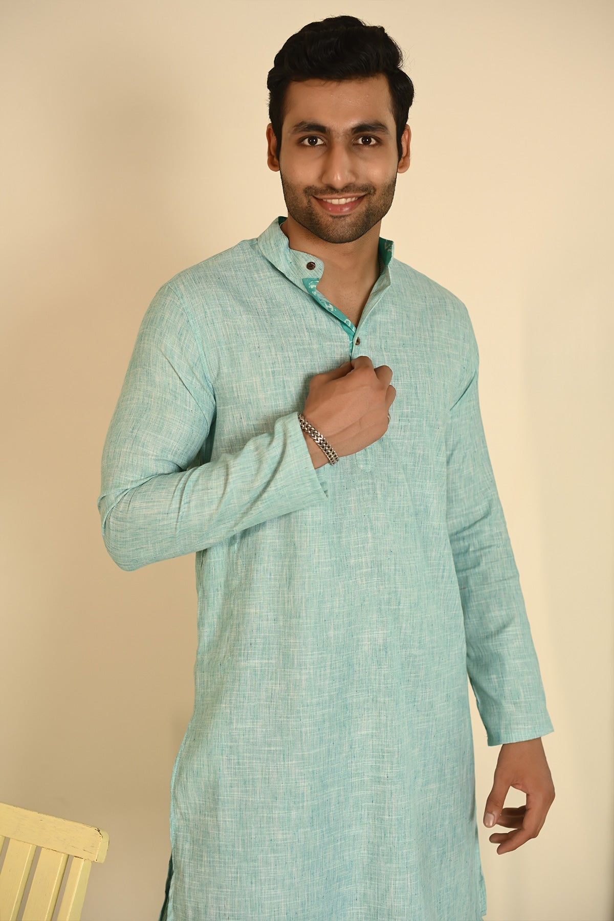 Long Kurta Plain Green Khadi Fabric