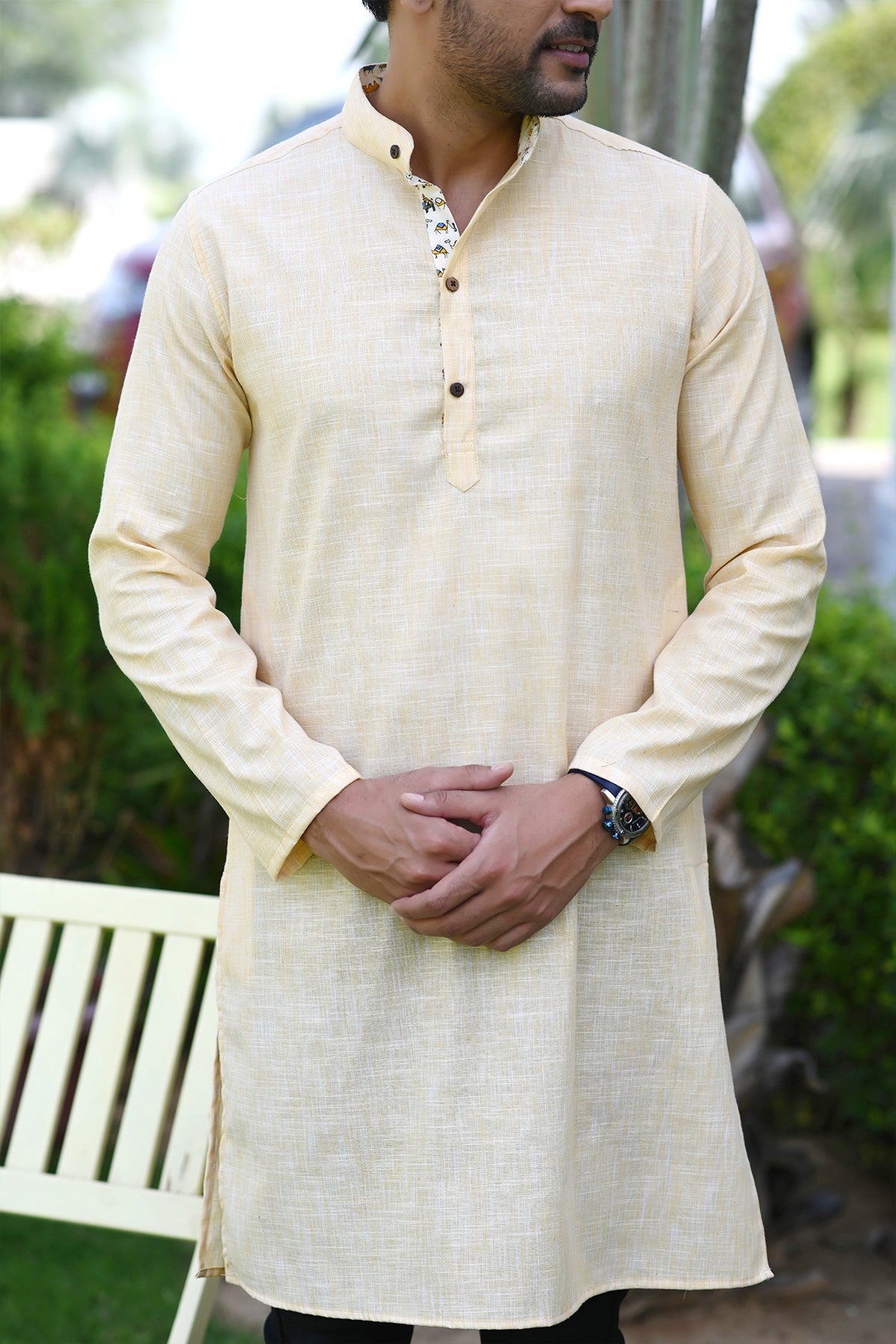 Long Kurta Plain Yellow Khadi Fabric