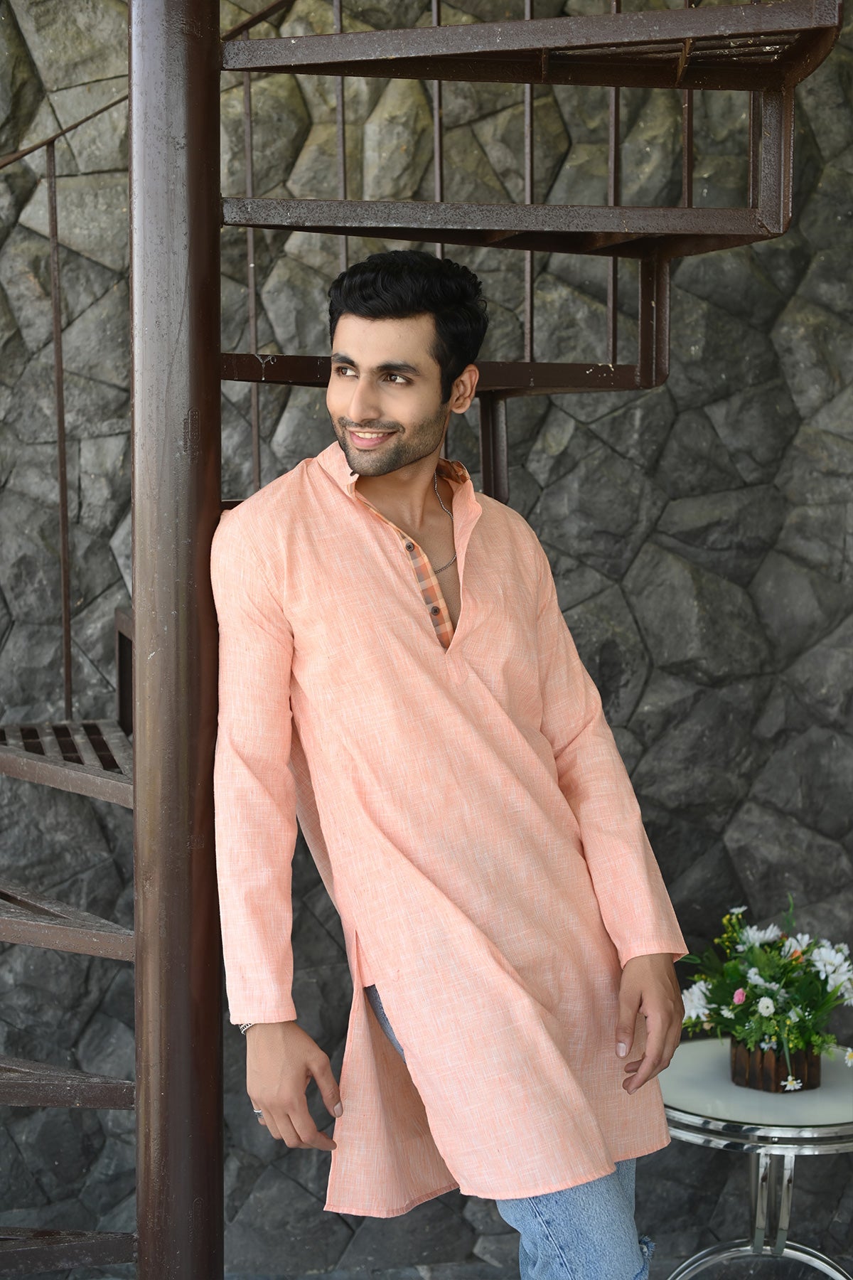 Long Kurta Plain Orange Khadi Fabric