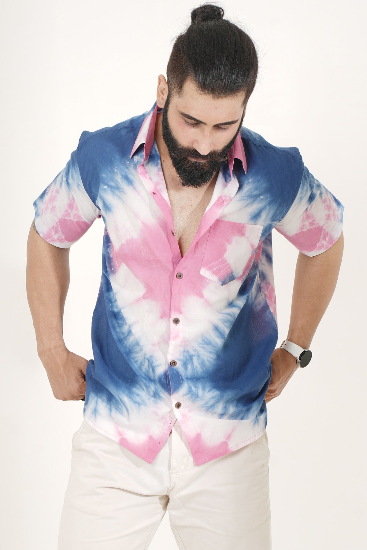 Pink and Blue Tie Dye Handmade Half Sleeves Shirt | Style Matters