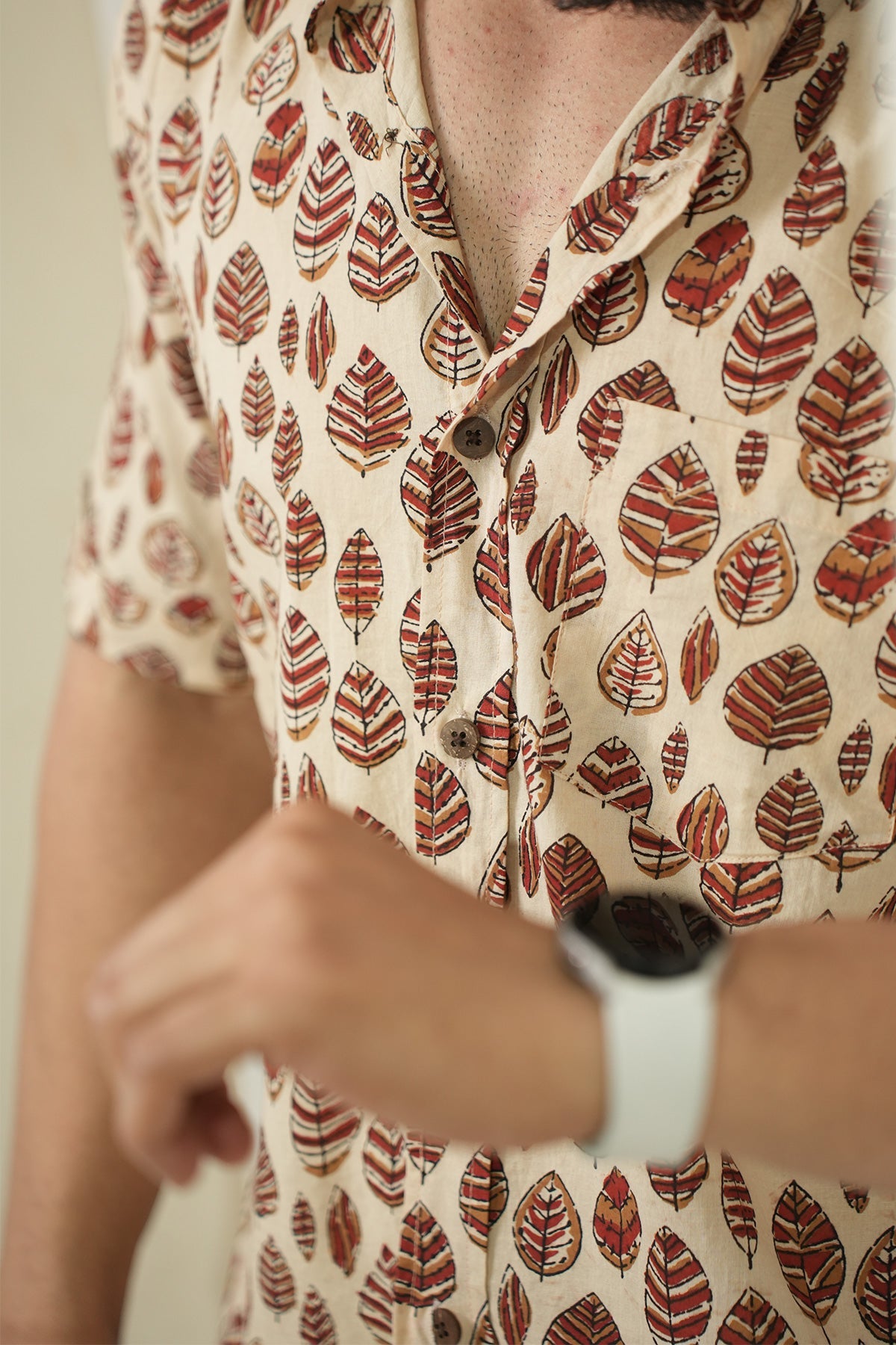 Mud Shirt with Maroon Leaf Print, Half Sleeves | Style Matters