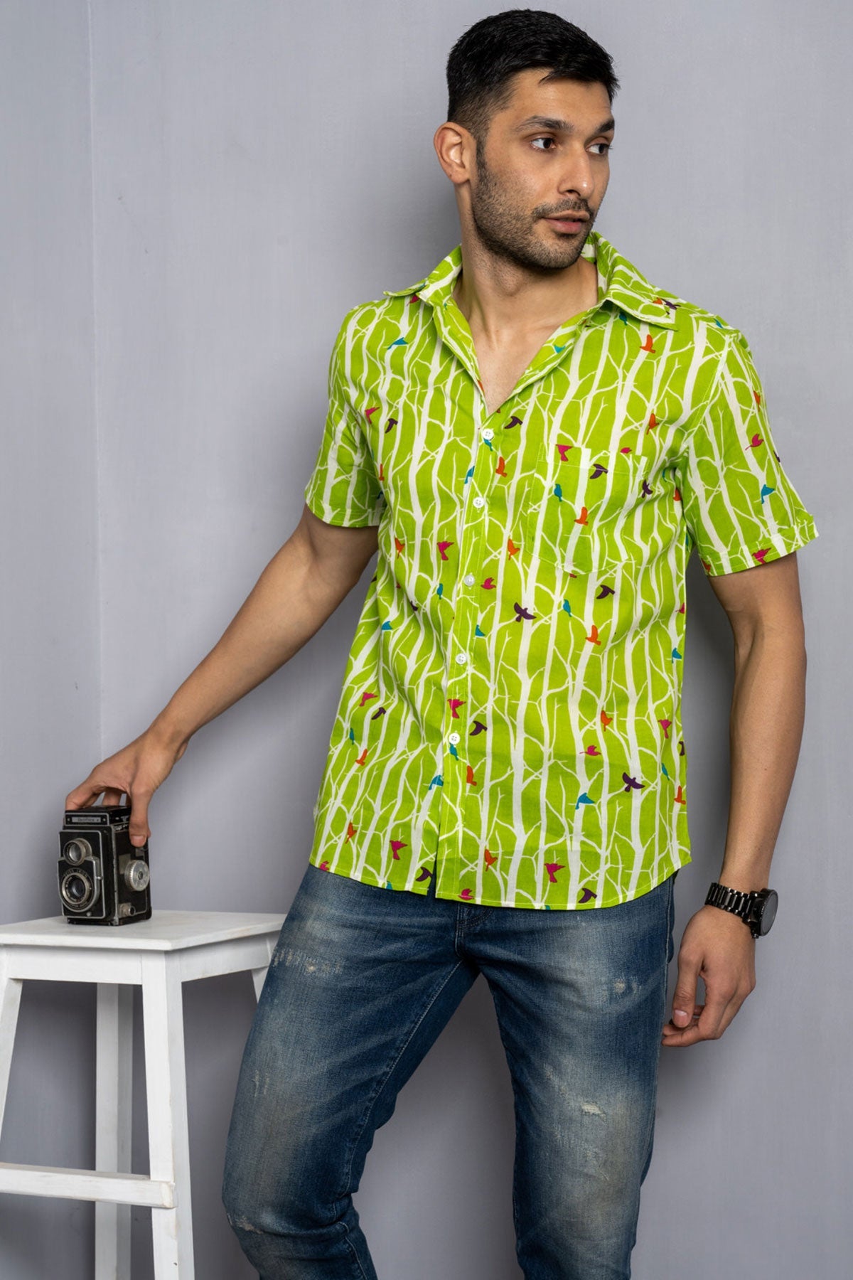 Light green Bird print cotton shirt half sleeves