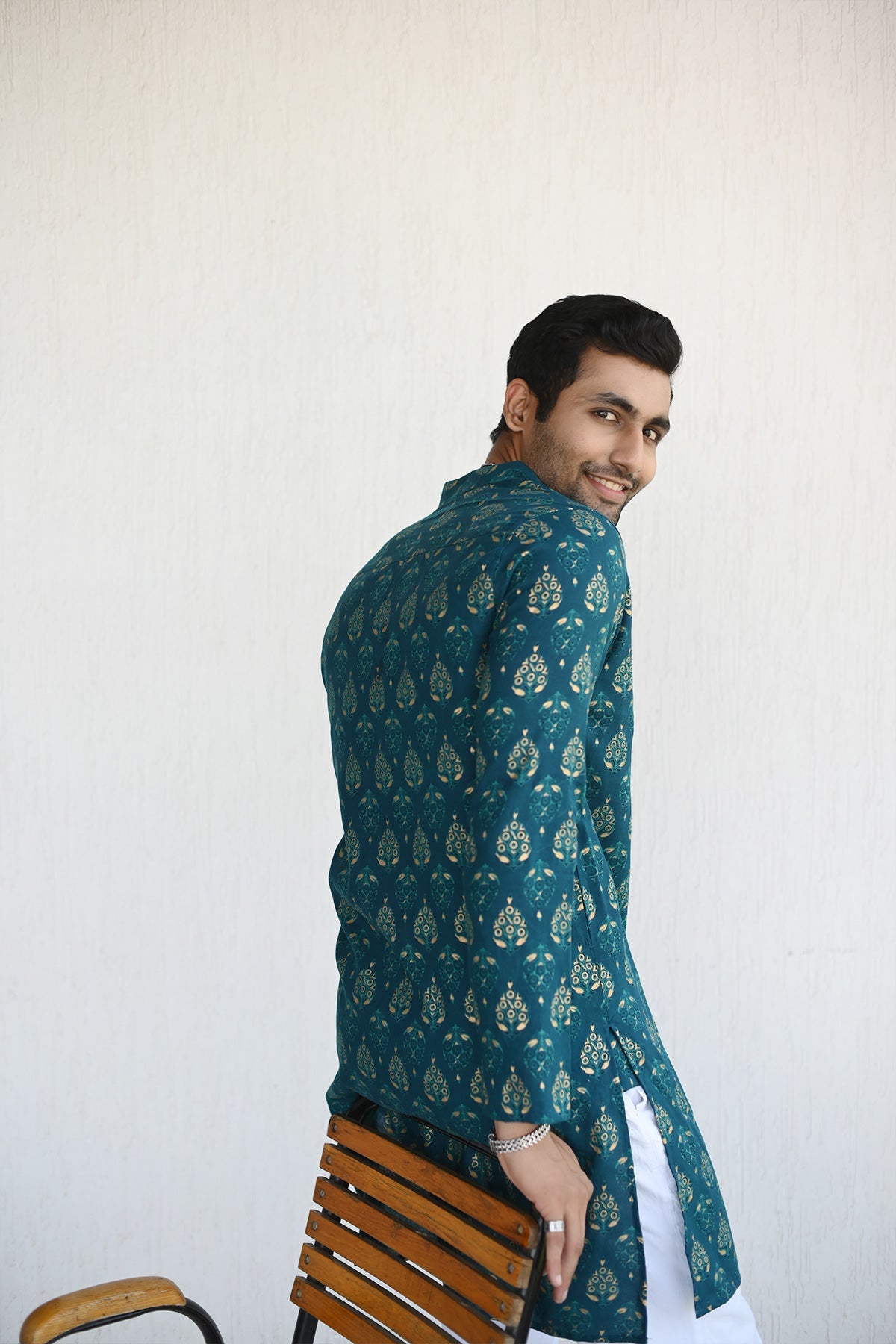 Teal Color with Golden Print Designer Full Sleeves Long Kurta | Style Matters