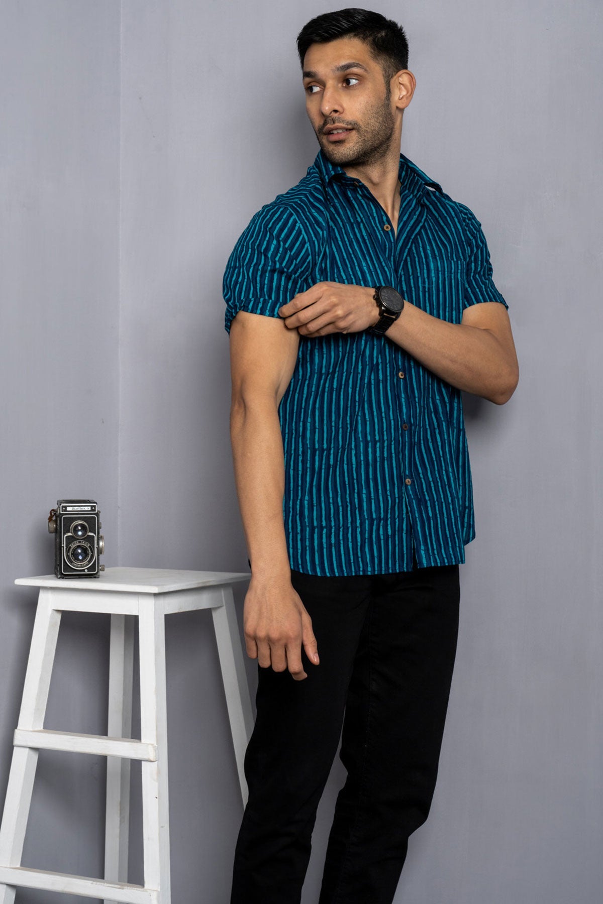 Teal Blue lining print cotton shirt half sleeves