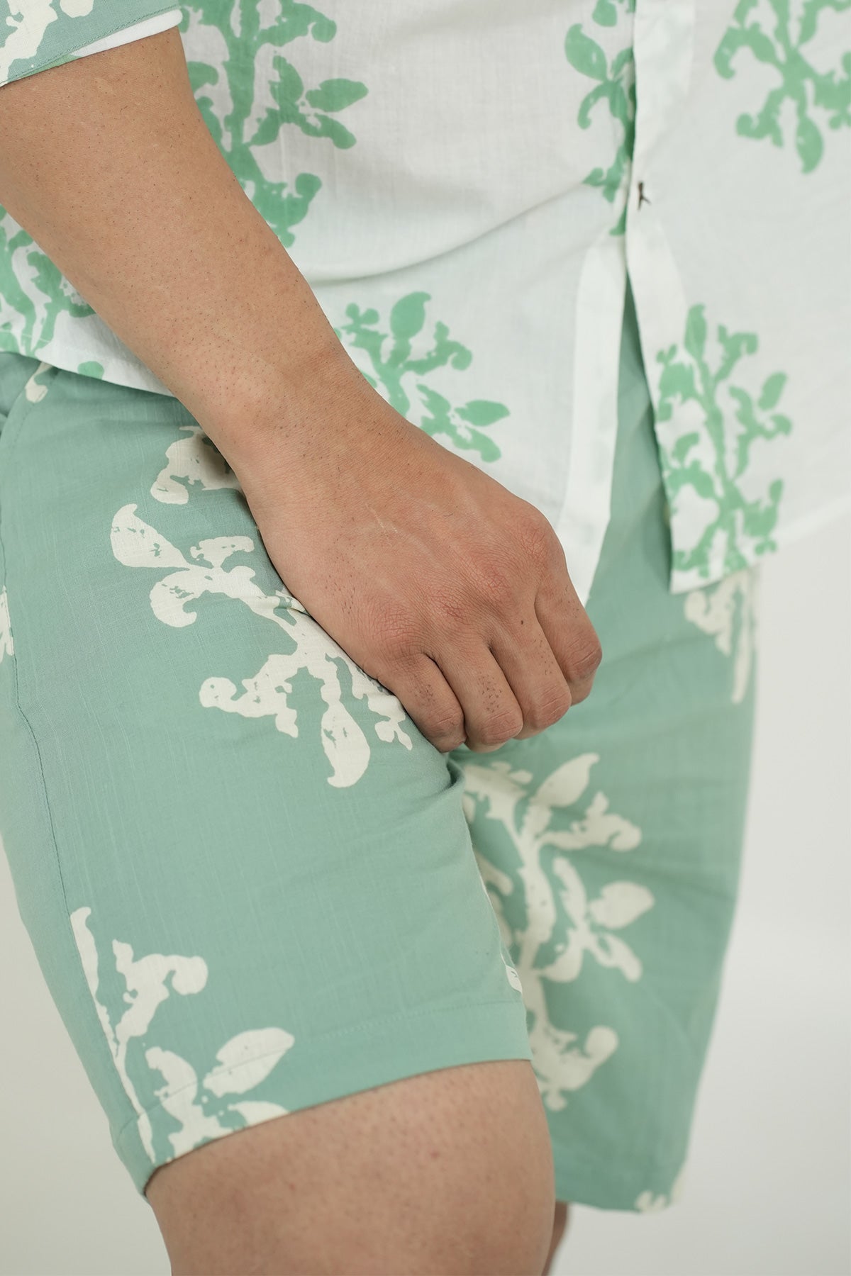 Green Shorts with White Motifs Print, Only shorts Part of Coord Set | Style Matters