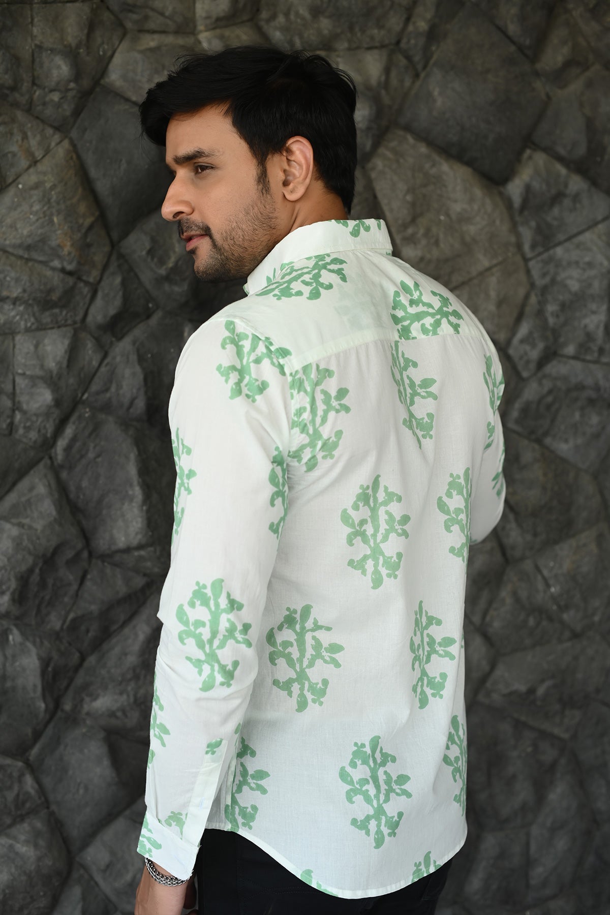 White Shirt with Green Motif Print, Full Sleeves Cotton | Style Matters