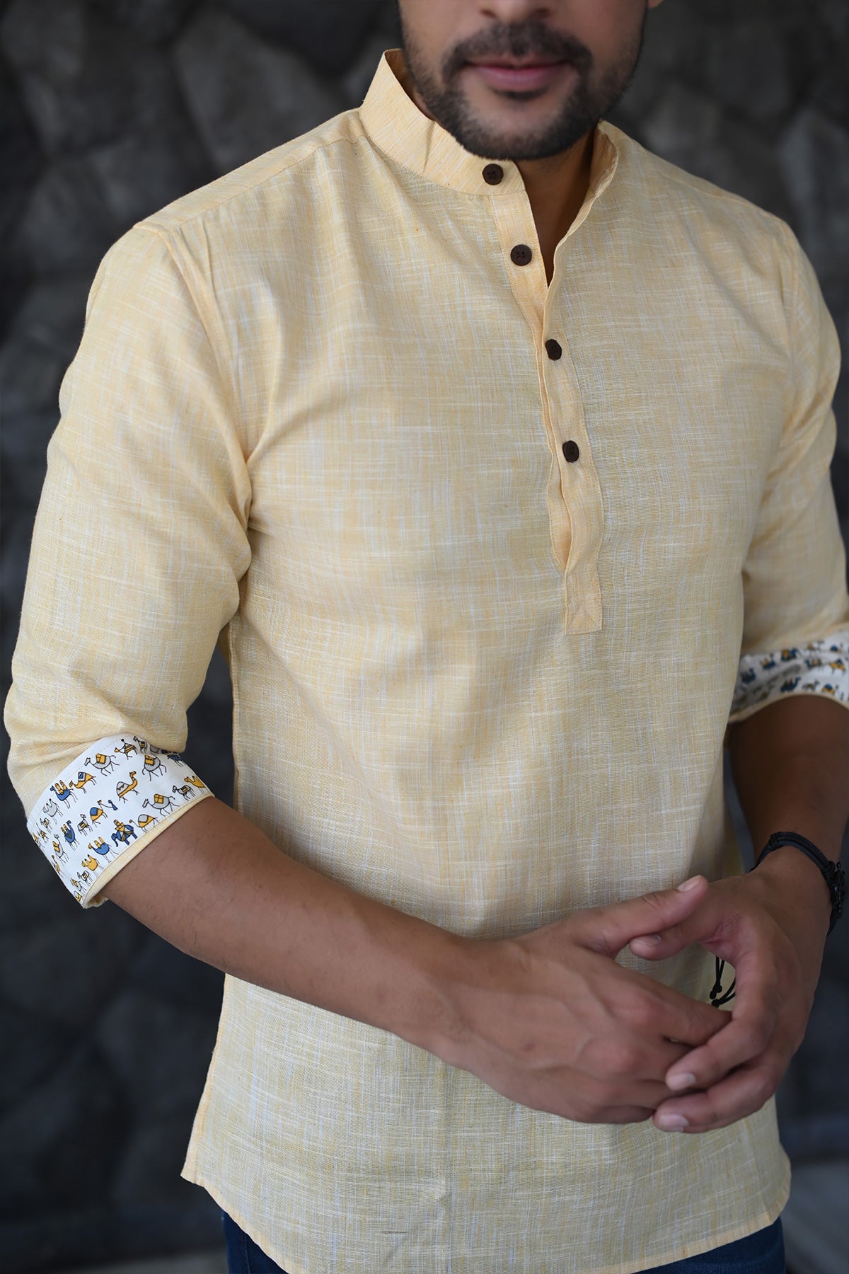 Yellow Short Kurta with Plain Body and Printed Cuffs, 3/4th Sleeves Cotton | Style Matters