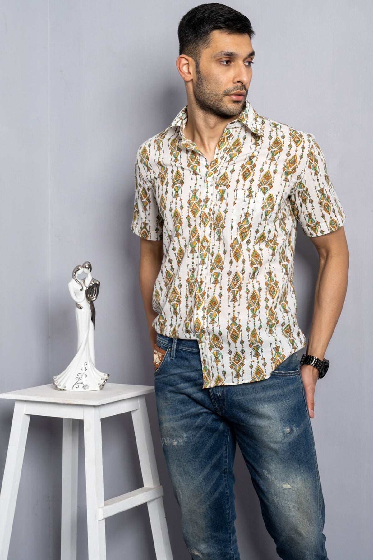 Off White Gujarati Kandeel Print Handblock Cotton Shirt | Style Matters