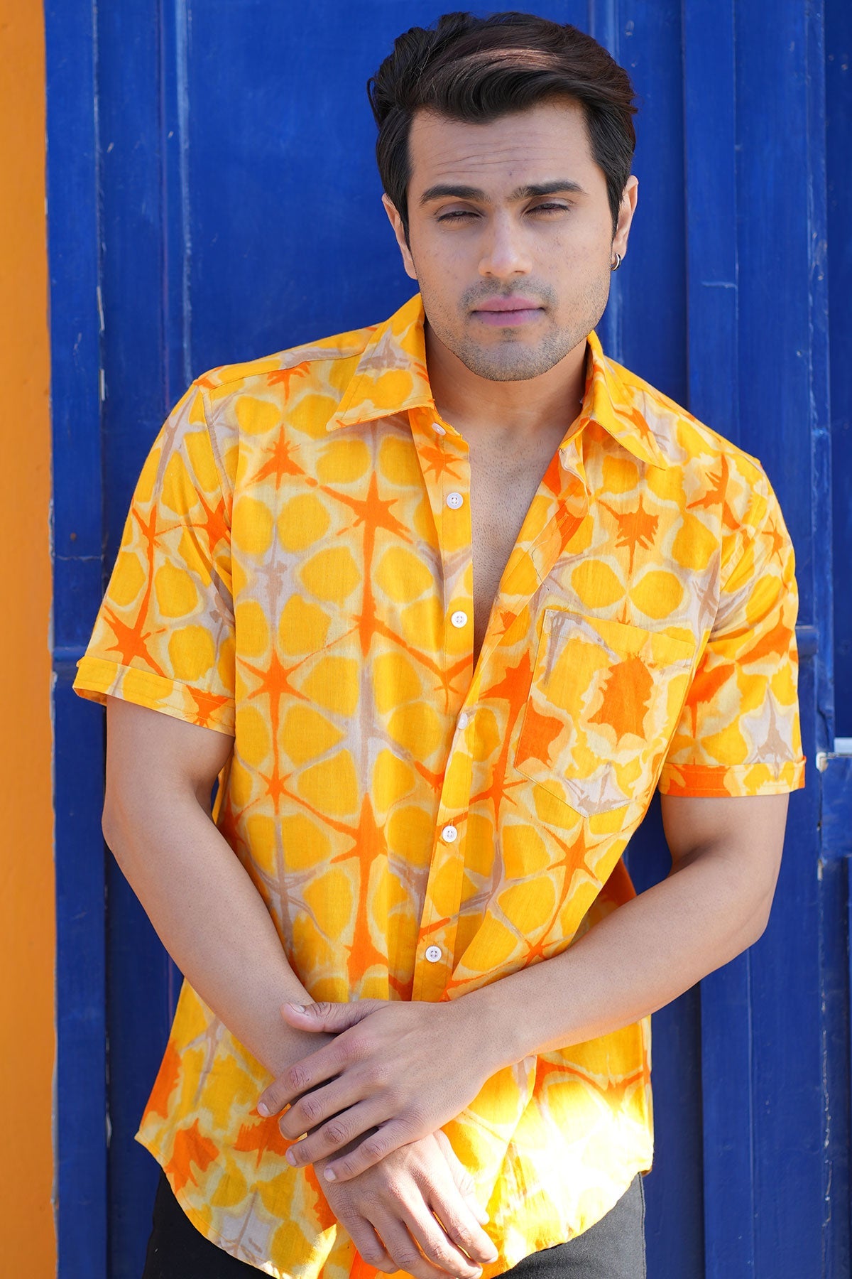 Yellow Tie n dye print cotton shirt half sleeves