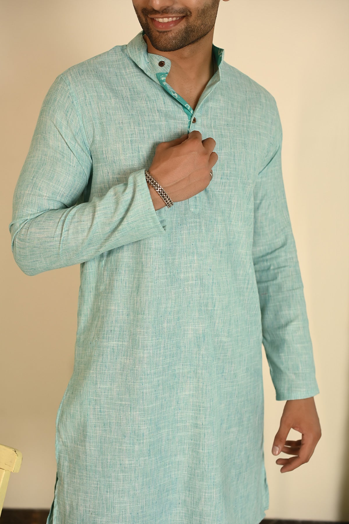 Long Kurta Plain Green Khadi Fabric