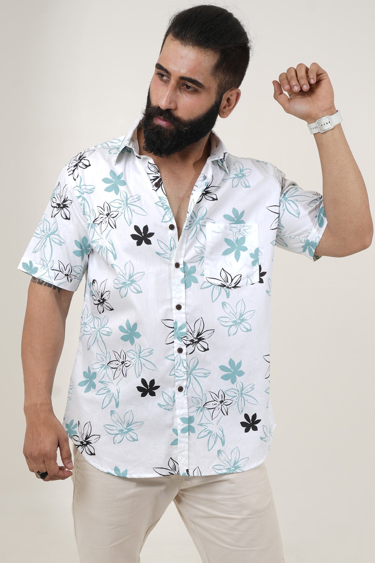 White Shirt with Flowers Print, Half Sleeves Cotton | Style Matters