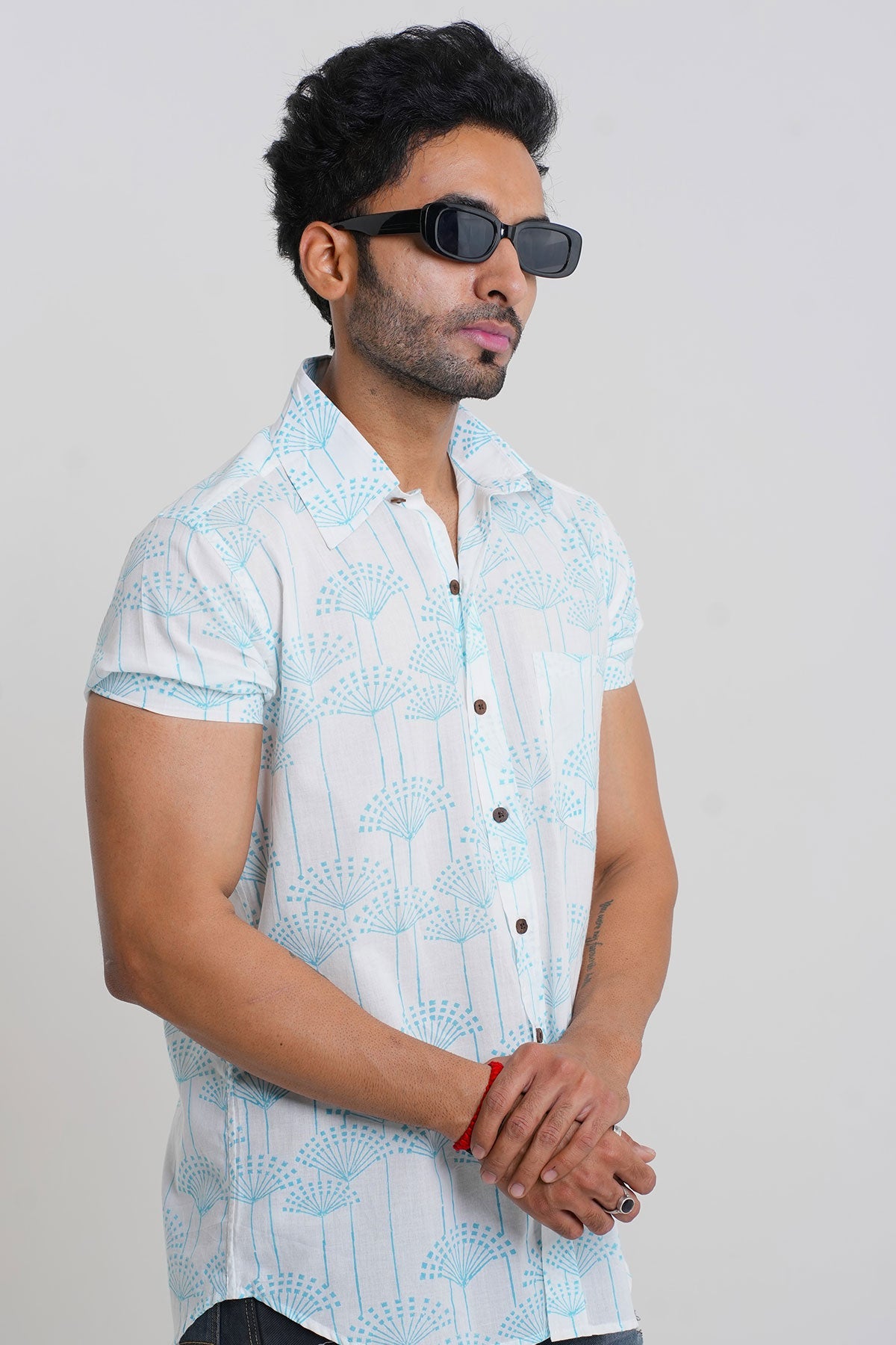 White Shirt with Sky Blue Flower Print, Half Sleeves Cotton | Style Matters