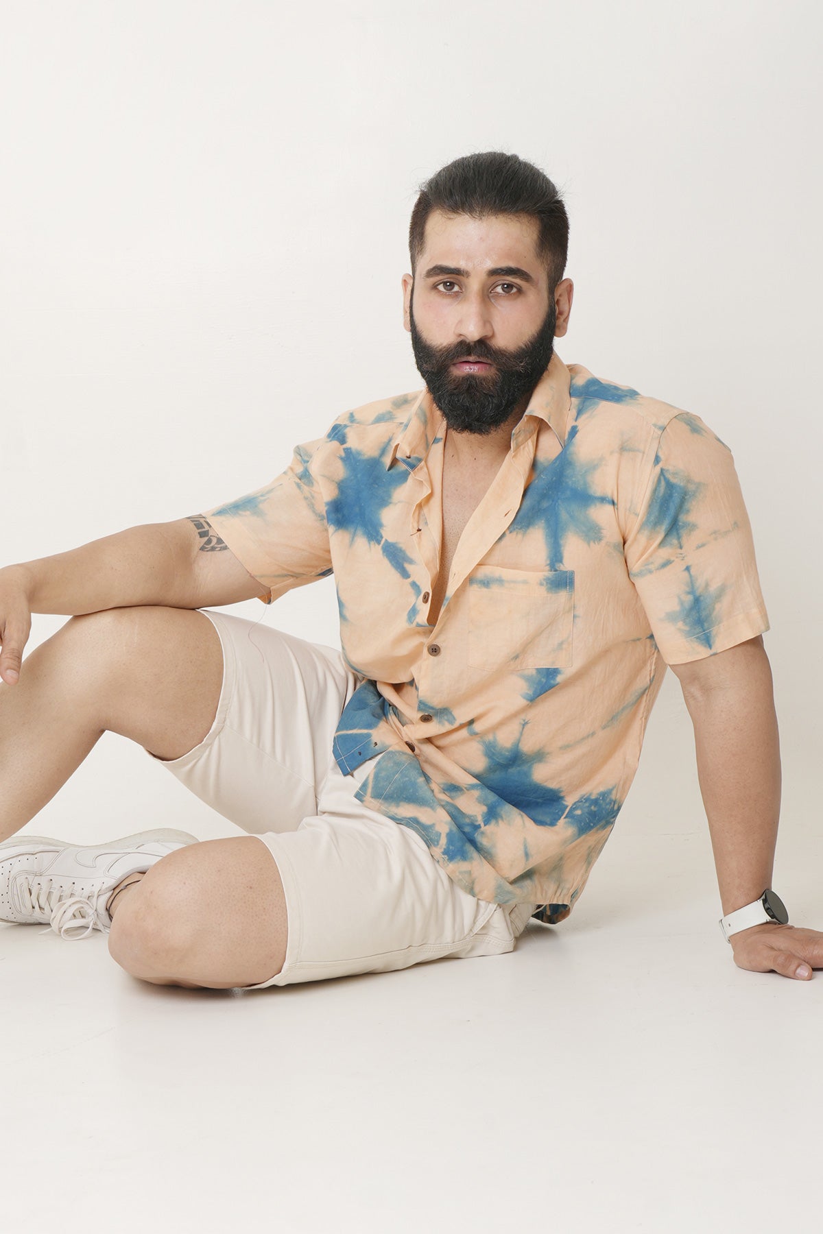 Peach Shirt with Blue Tie Dye Handmade Half Sleeves | Style Matters