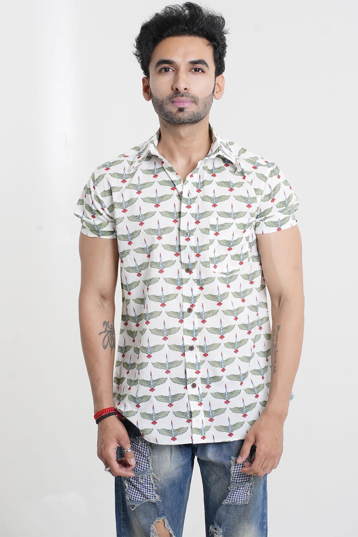 White Shirt with Bird Print, Half Sleeves Cotton | Style Matters