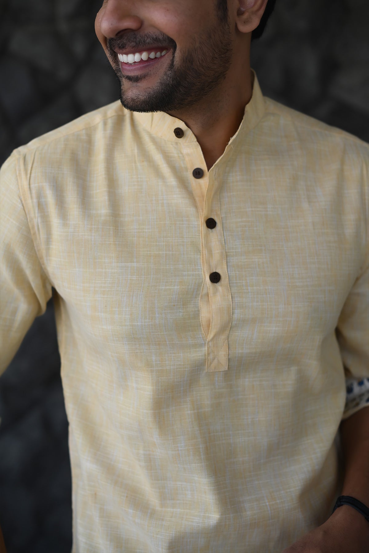 Yellow Short Kurta with Plain Body and Printed Cuffs, 3/4th Sleeves Cotton | Style Matters