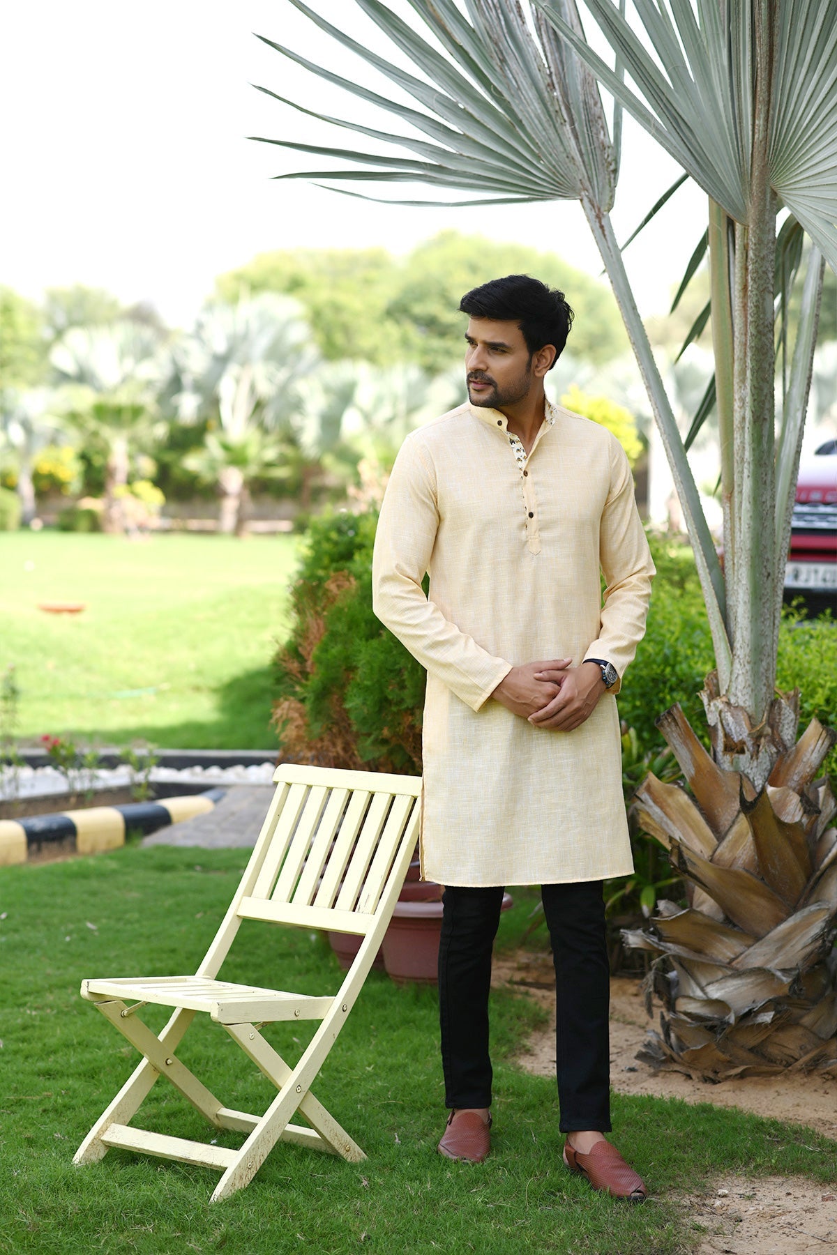 Long Kurta Plain Yellow Khadi Fabric