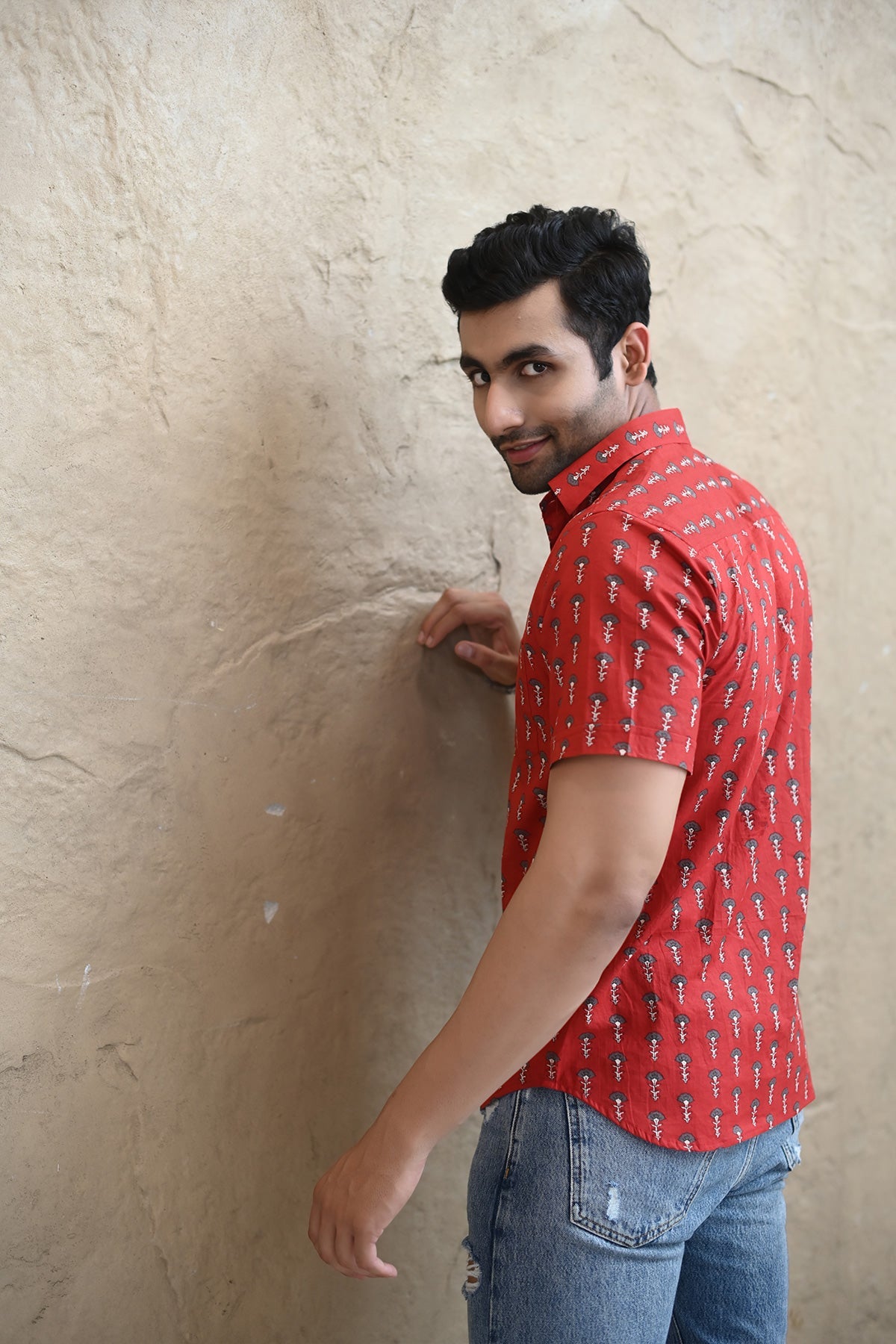 Red Floral print cotton shirt half sleeves