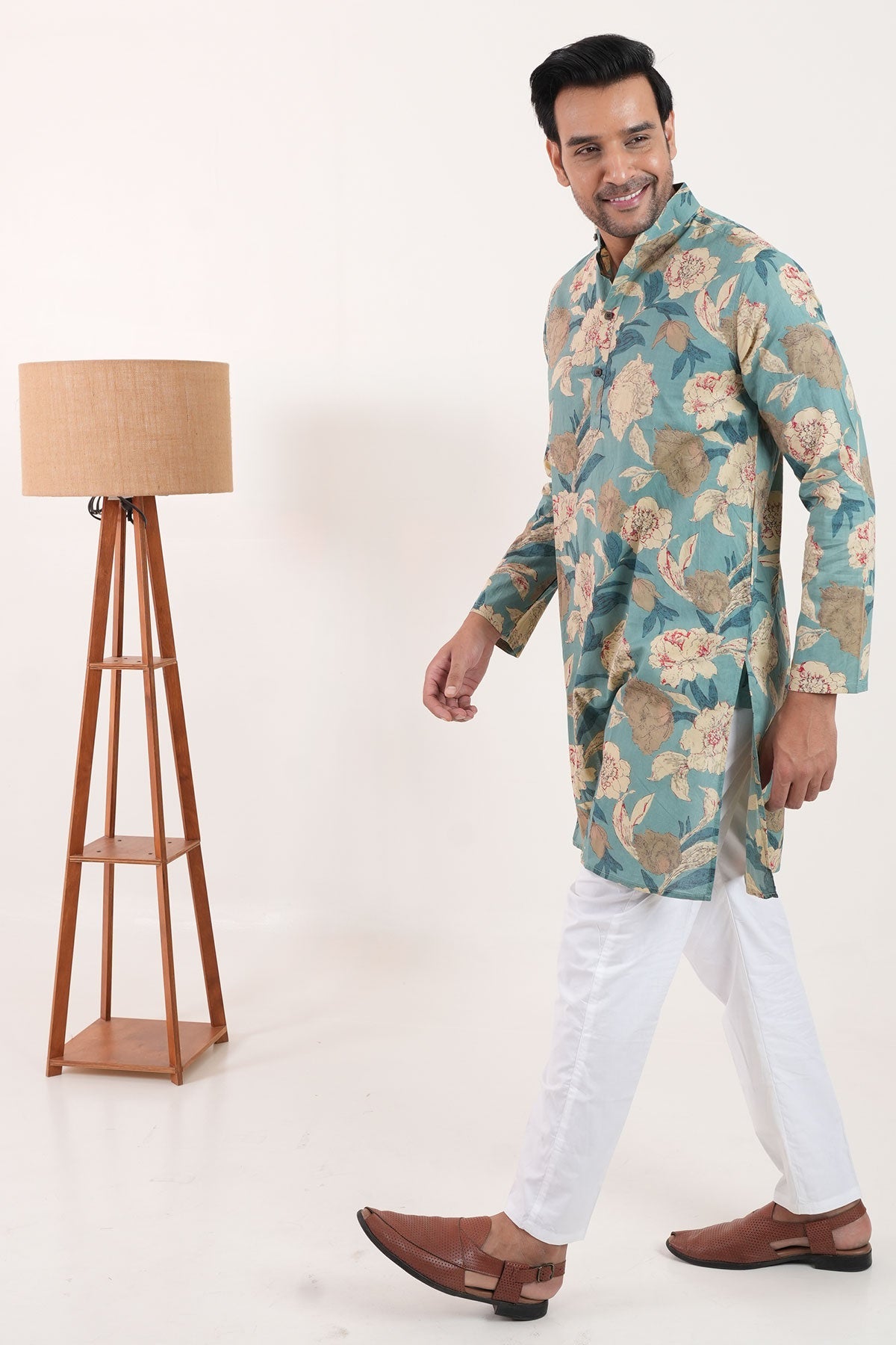 French Blue Big Floral Print Full Sleeves Cotton Long Kurta | Style Matters